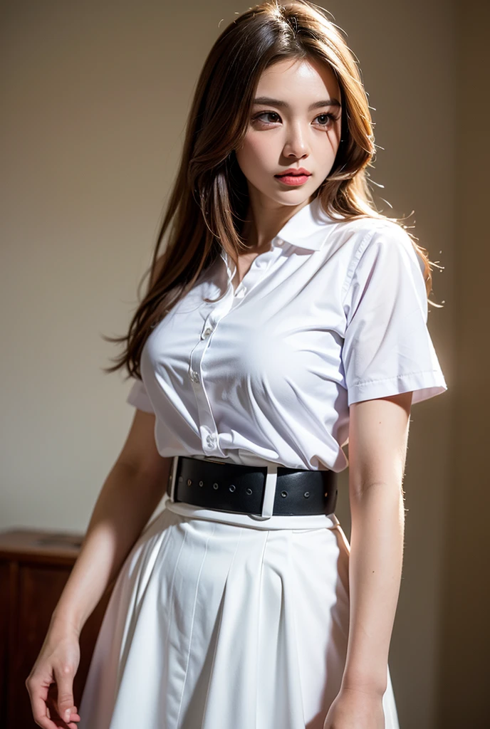 非常にdetailed, A complete solution, 非常にdetailedな美しい女の子, 非常にdetailed face, (Very beautiful eyes:1.8), The nose shape is correct., expressive lips, (Movie Scenes,Fantasy art,最high quality,high quality,High resolution,high qualityの質感,Attention to detail,Beautiful details,detailed,非常にdetailedなCG,detailedテクスチャー,Realistic  expressions,Tabletop,in front,dynamic,bold),1 Girl,非常にdetailedな肌,curve,(Covered :0.8),Beautiful breasts,Small breasts,Pale skin,Pointed Chest, ,(Very thin hair),(Very soft hair),(Super straight bob hair),length, flowing bangs,Very light coppery amber hair,Hair above one eye,Very thin body,Smart Abs,(navy knee-length pencil skirt:1.5), Open chest, Mid-chest, Shiny , ( is sheer, White blouse :1.3)
