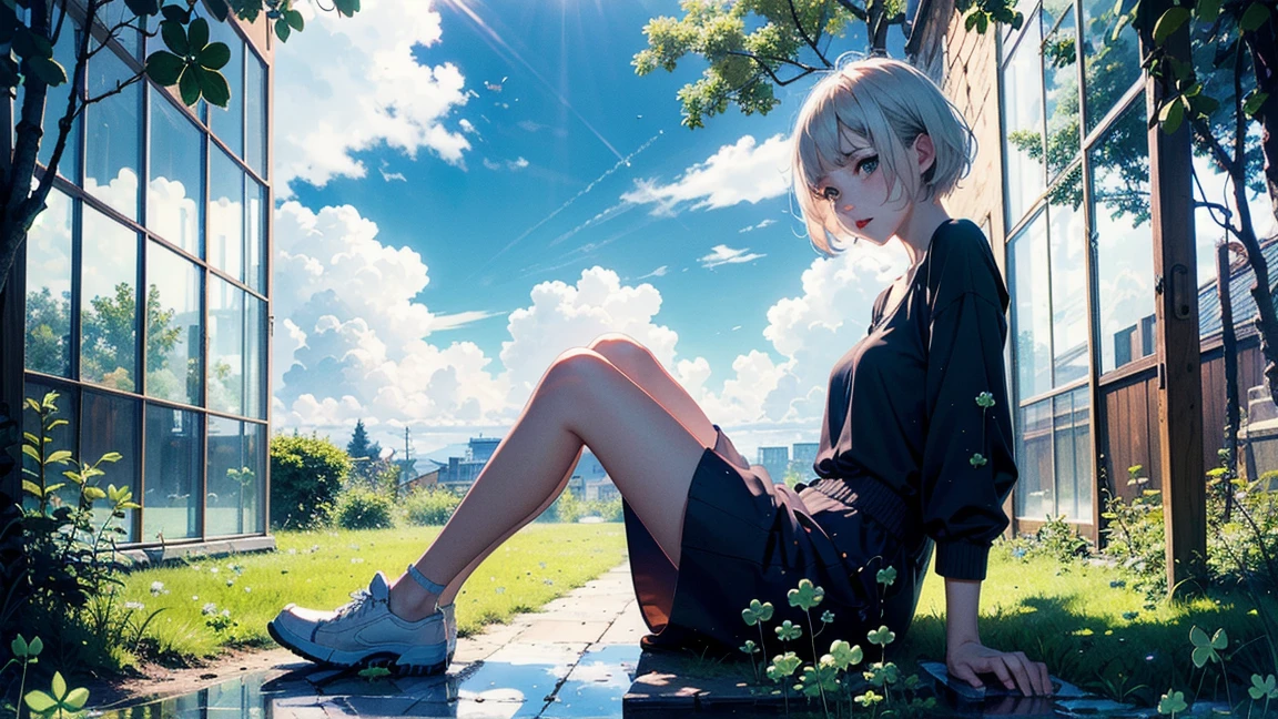 (kawaii background:1.3), (extremely detailed fine touch:1.3), (hard light, studio light, light rays, dappled light, reflection, shadows, ray tracing:1.0), ///, girl, white blonde short hair, full body, sky, cloud, flower, glass shoes, (clover:1.3), (sitting;:1.3)