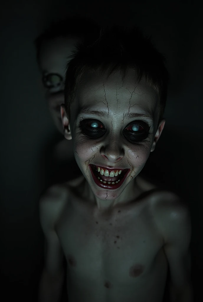 extreme closeup creepy screaming face portrait at night, flashlight light, sharp tooth