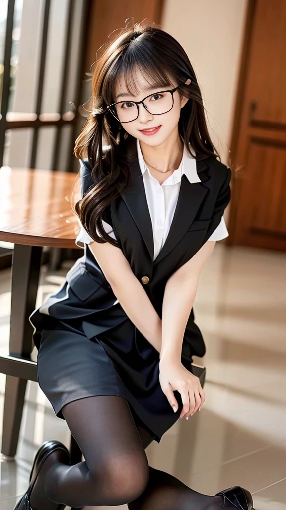 （Very short hairstyle）、Brown eyes、Big Eyes、night、night景、Black business suit、Checkered short skirt、beauty secretary、（Very large breasts、Very thin and long legs、Perfect figure、High heels、whole body、Big smile）、1 female、No makeup、17 years old、（masterpiece、8K,RAW Photos、High resolution:1.4）

