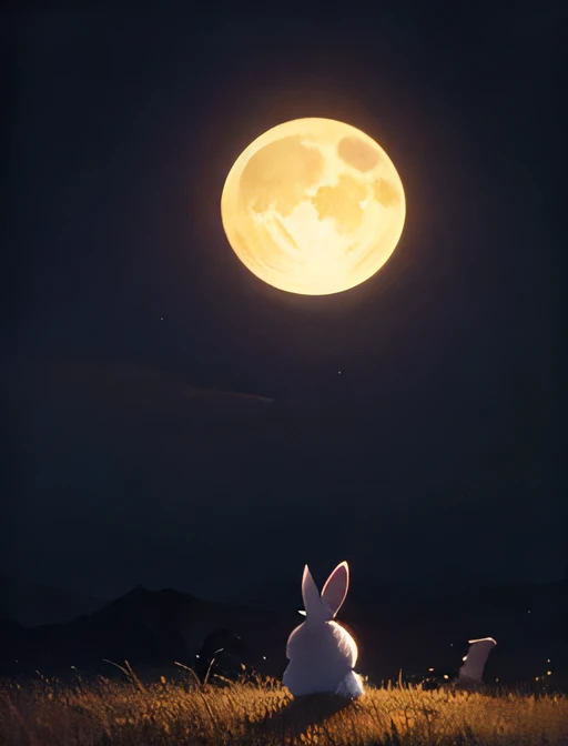 Moonlight Catcher,Many Rabbits Descend from the Moon,Rabbits in large quantities、Lonely Night Sky,quiet natural scenery,Land Illuminated by Moonlight,Fantastic Atmosphere with Modest Light,Traditional Japanese Painting Style,watercolor,High Fine,creative composition,Realistic Textures,Delicate Expression,DEEP COLORS,Natural Light and Dark Processing,Miyazaki Hayafu's Fantastic,4K rendering,High Contrast,Superb work