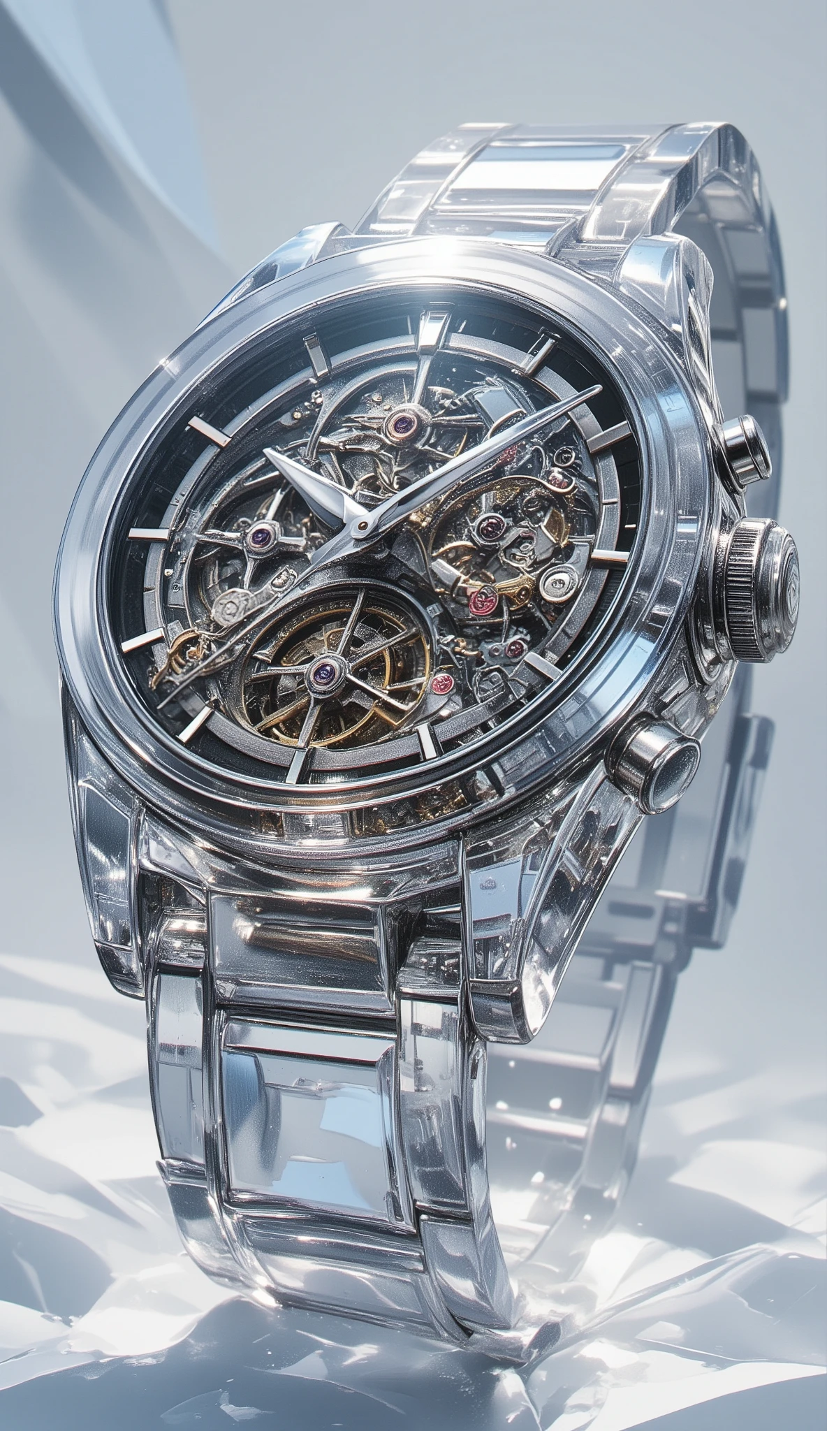 transparent mechanical watch、crystal watch where you can see all the mechanisms and gears inside {x}、accurate dial、Long hands and short hands、with date inside the dial