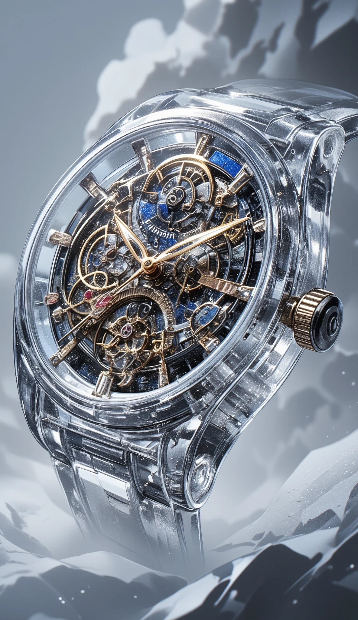 transparent mechanical watch、crystal watch where you can see all the mechanisms and gears inside {x}、accurate dial、Long hands and short hands、with date inside the dial