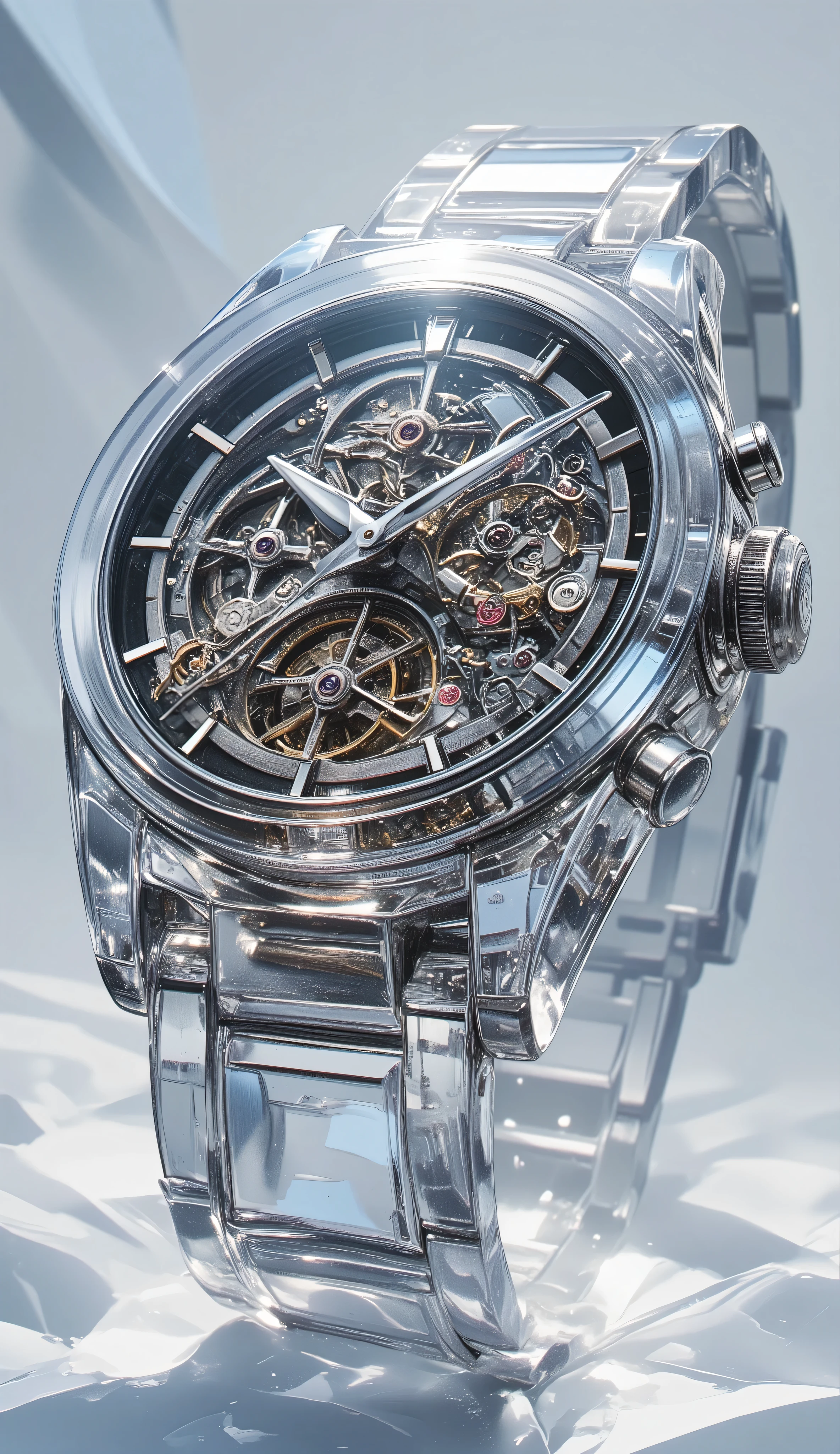 transparent mechanical watch、crystal watch where you can see all the mechanisms and gears inside {x}、accurate dial、Long hands and short hands、with date inside the dial