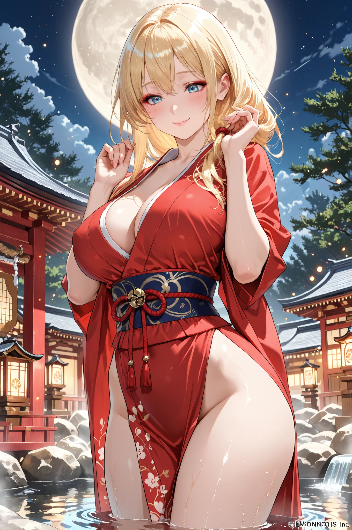 ((One personの女性)), Beautiful Face, Painful expression, Open your mouth wide and shout, ((The  and  become one:2.7)),((The  growed just above the  :2.5)),((Wink:2.0)),(( with  on it:2.0)), (( overflows from the :ed cheeks:1.4)),Glossy pink lips,night,rooftop,Sit on the sofa,You can see the ocean, firework,((Anime style background)),masterpiece, Highest quality, so beautiful, ,up to date, Complex details, (Pink long nails),(ring),(bracelet),(choker),AI-generated, Complex,High resolution, Highest quality, super high quality,3D Images、View your audience、3D Images,One person,Long blonde hair,High Ponytail,Turquoise Eyes,Anime woman posing for a photo, (Fine eyes,Colorful eyes,Shining Eyes:1.3),(Squint your eyes:1.1),a hyperRealistic , hyperRealistic , Realistic,Blonde anime woman with long hair, Smooth anime CG art, A woman in a colorful kimono with gold embroidery, (Pink long-sleeved kimono),Red floral pattern,Long flower hair ornament,Large floral earrings,(ring),(Big Breasts:1.0),Mature Body,expensive,Big Ass,Tight waist,Sit on the sofa,((Spread your legs)), , ((from below)),