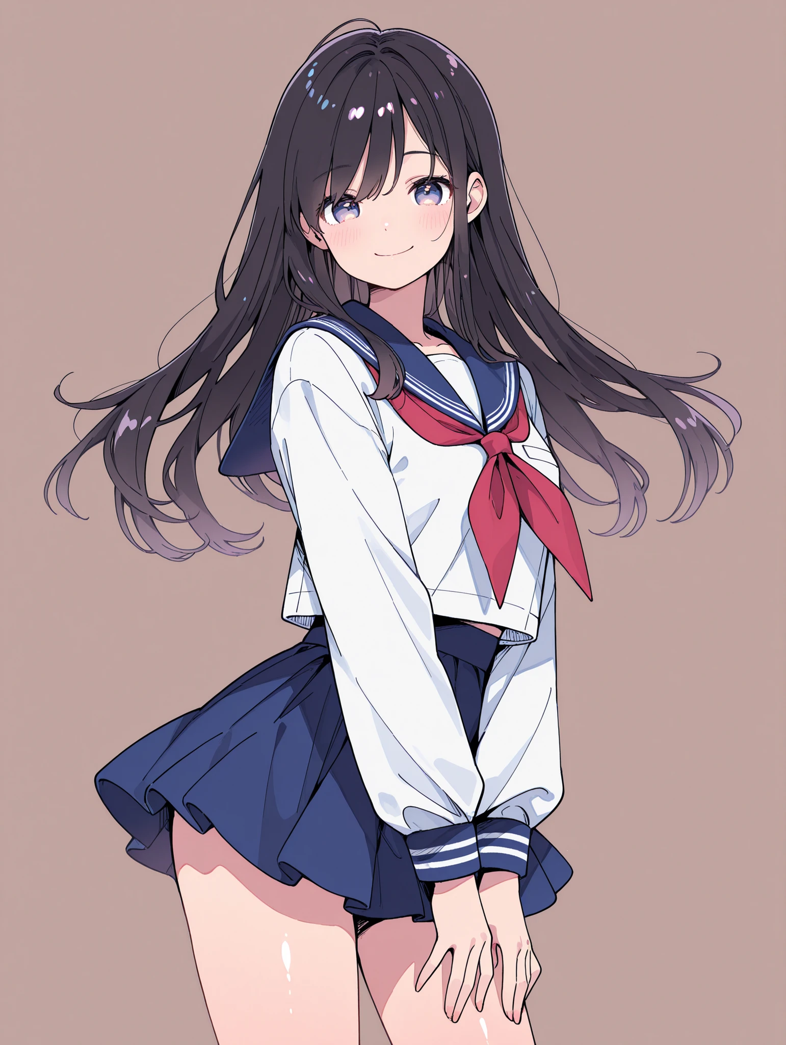 high res image , masterpiece , best quality , clear skin , shiny hair , ultra detailed eyes、high school girl、sailor suit、miniskirt、dark haired、Smile Yan、standing in the teacher's house、simple background