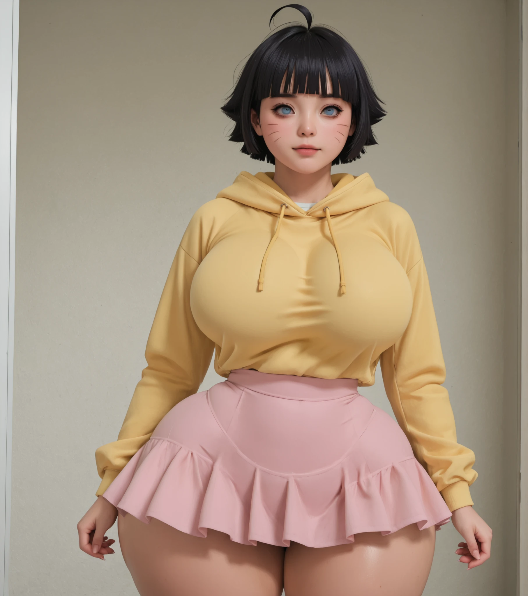 himawari uzumaki solo, short hair, bangs, blue eyes, black hair, blunt bangs, facial mark, whisker markings, ahoge,,skirt, long sleeves, hoodie, hood down, pink skirt, yellow hoodie,,thick thighs, wide hips, big breasts.
