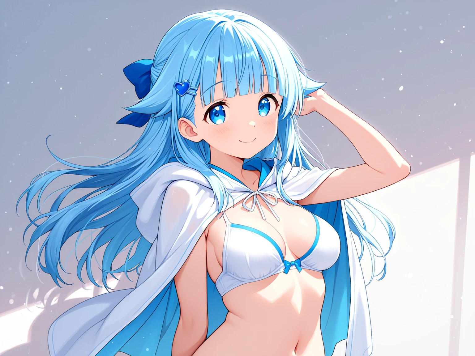 best quality, masterpiece, 1girl, 2020s, simple background, blue hair, long hair, ahoge, (white bikinis), blue eyes, thin breasts, game CG, 4K, 8K, , realistic skin