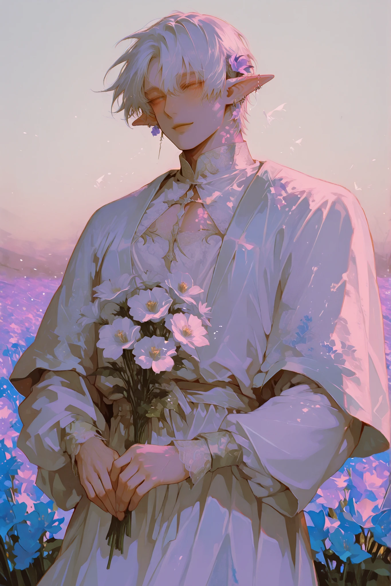 (Only a man) a chubby man, milky white hair flies gently,   Young Beautiful Face , beautiful body,    soft skin ,    soft body    ,large pectoral muscles ,  Toned hips , long elf ears, tender eyes, light smile,flower field background. Holding a bouquet of irises, High wind. flowers in hair , ear piercings.