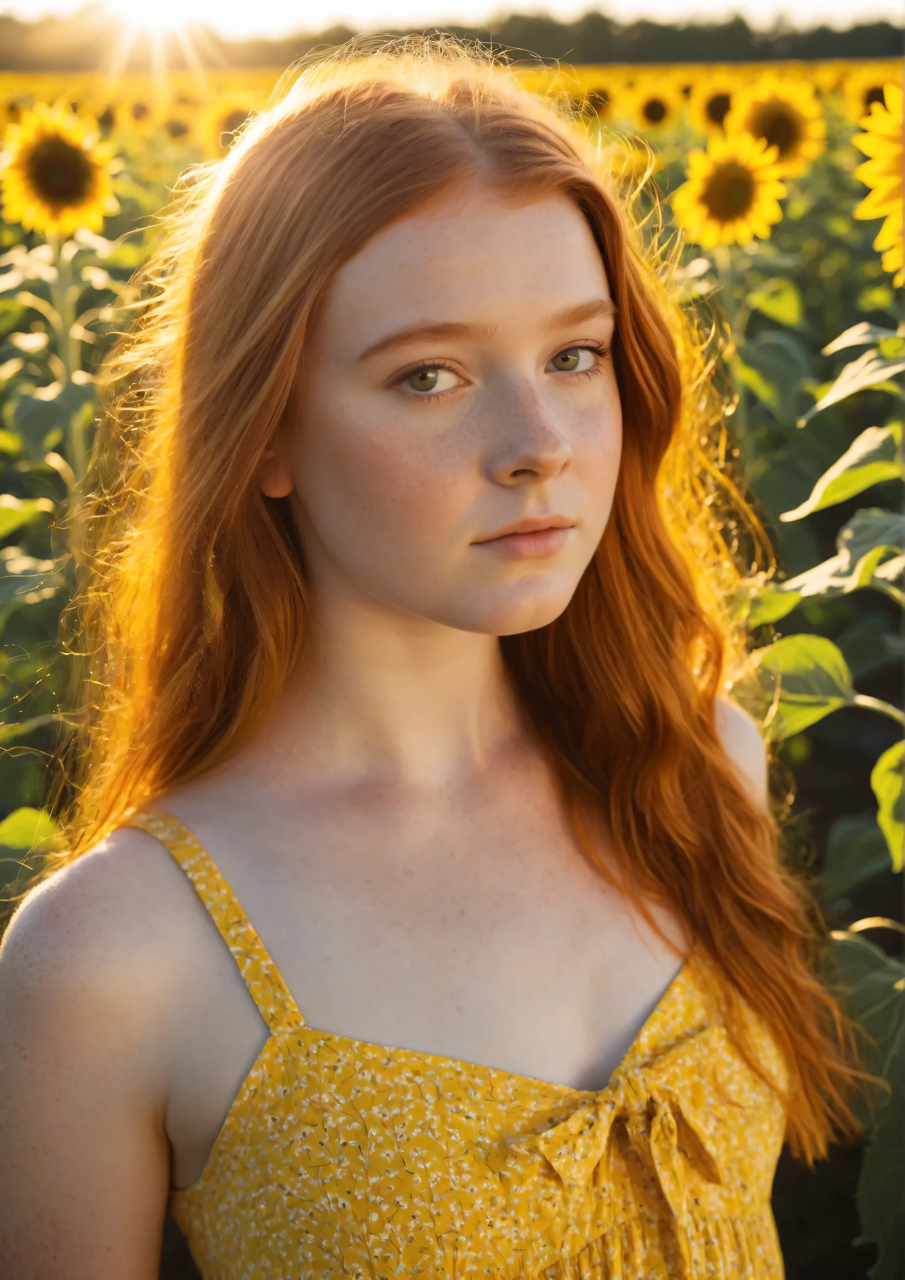 A stunningly beautiful teen girl portrayed by Sadie Sink with flowing copper hair and freckled fair skin, wearing a bright yellow sundress that catches the sunlight as it moves gently in the warm breeze. She stands in the middle of a vast sunflower field glowing under golden noon light, her soft eyes reflecting the vibrant colors around her with a shy expression. The background is bathed in warm, dreamy sunlight with subtle lens flares and bokeh, creating a cinematic realism. Photorealistic 8K ultra-HD portrait shot, shallow depth of field, crisp focus on the face, intricate skin texture and hair details, masterful composition with award-winning lighting, natural color grading, and a luminous, radiant atmosphere