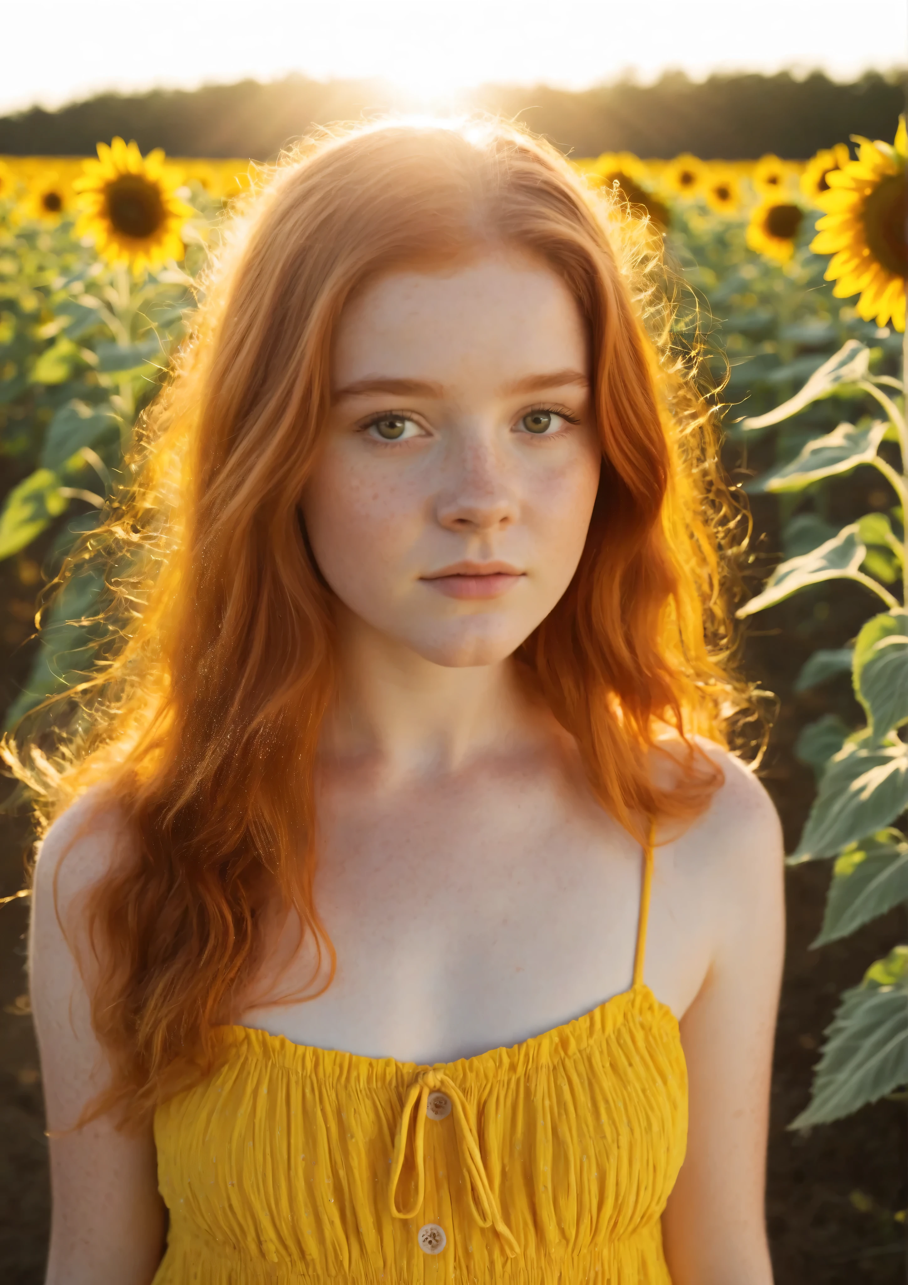 A stunningly beautiful teen girl portrayed by Sadie Sink with flowing copper hair and freckled fair skin, wearing a bright yellow sundress that catches the sunlight as it moves gently in the warm breeze. She stands in the middle of a vast sunflower field glowing under golden noon light, her soft eyes reflecting the vibrant colors around her with a shy expression. The background is bathed in warm, dreamy sunlight with subtle lens flares and bokeh, creating a cinematic realism. Photorealistic 8K ultra-HD portrait shot, shallow depth of field, crisp focus on the face, intricate skin texture and hair details, masterful composition with award-winning lighting, natural color grading, and a luminous, radiant atmosphere