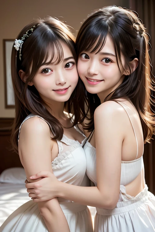 Two girls standing at ear window in school classroom,White dress,break,bangs,smile,Short hair with low pigtails,from before,Front light,((Little girl at 14 years old、slender、delicate、Sexy clavicle and flat chest、Very small breasts))、My whole body is soaked