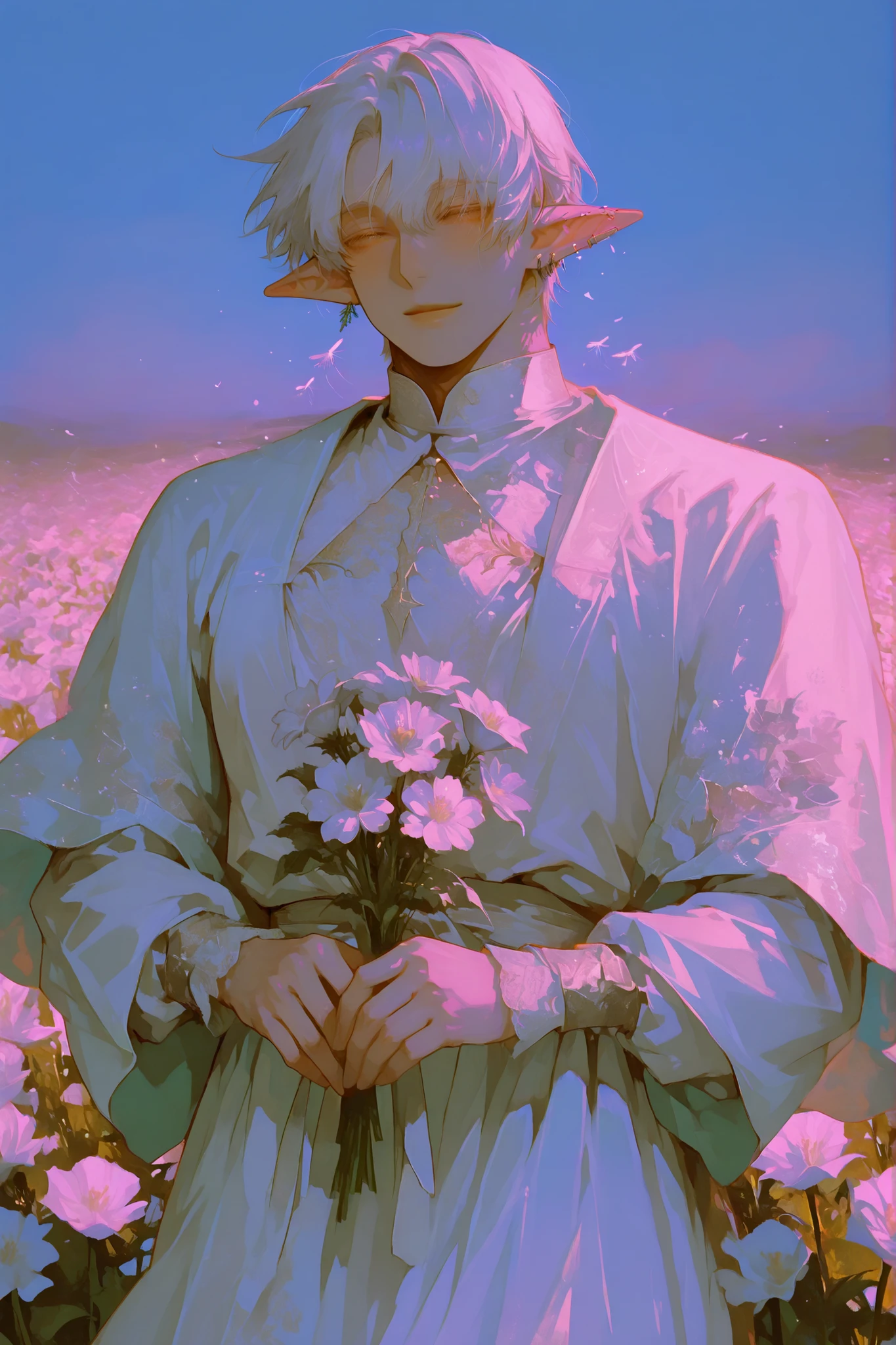 (Only a man) a chubby man, milky white hair flies gently,   Young Beautiful Face , beautiful body,    soft skin ,    soft body    ,large pectoral muscles ,  Toned hips , long elf ears, tender eyes, light smile,flower field background. Holding a bouquet of irises, High wind. flowers in hair , ear piercings.