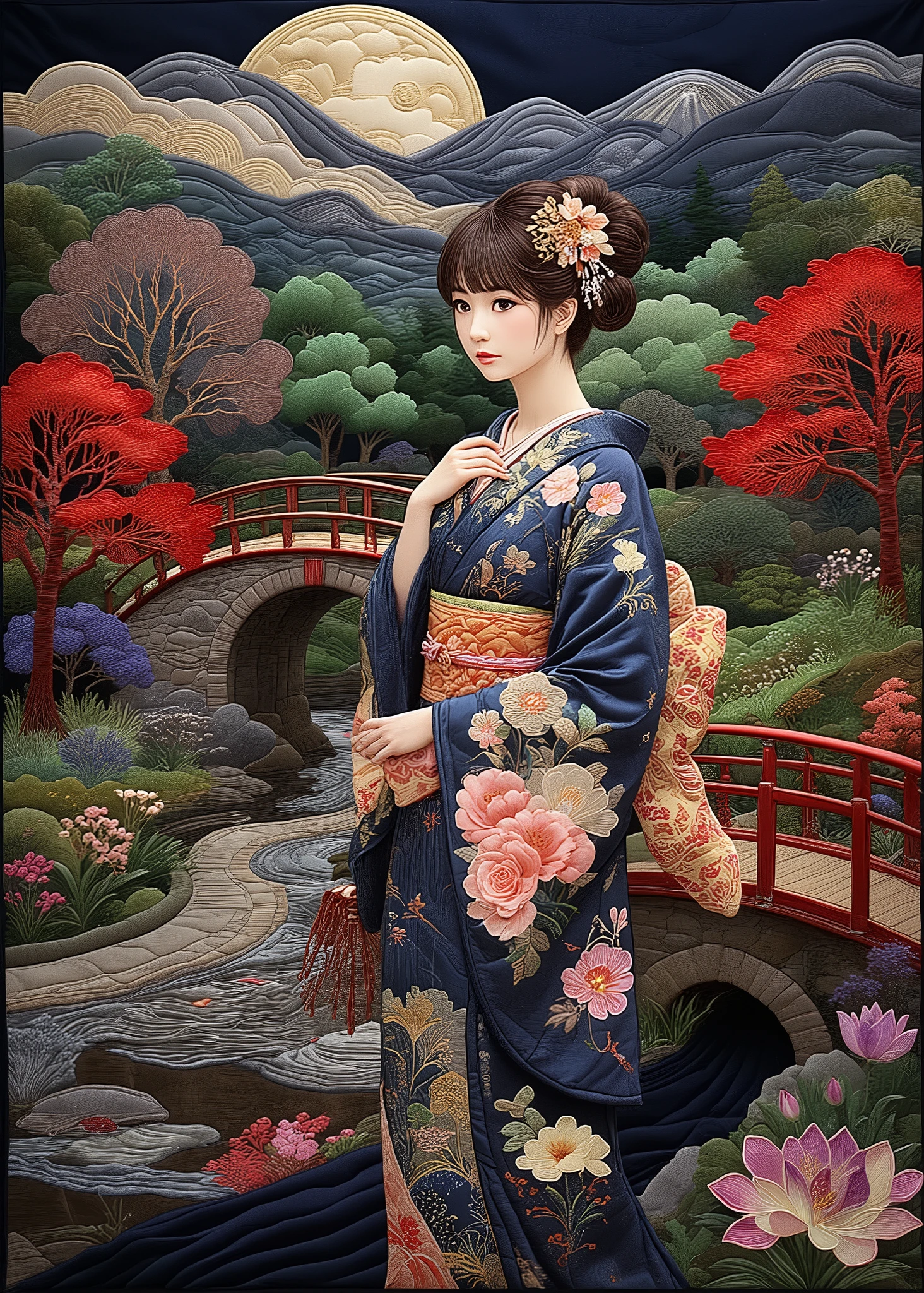 ((最high quality、masterpiece、high sensitivity、High fines、Detailed explanation、Detailed drawing 、Fvalue:4.0)),Patchwork Quilt World, handmade style,(( Kimono、Kimono美人、Japanese woman、16 years old、Cowboy Shots)),(up hair、Hairpin、Beautiful girl wearing Japanese furunose Kimono)、advanced digital art、Japanese garden on a moonlit night、Vermilion Wooden Bridge Over Pond、torchlight、Clear and sharp photos 、high quality、32K