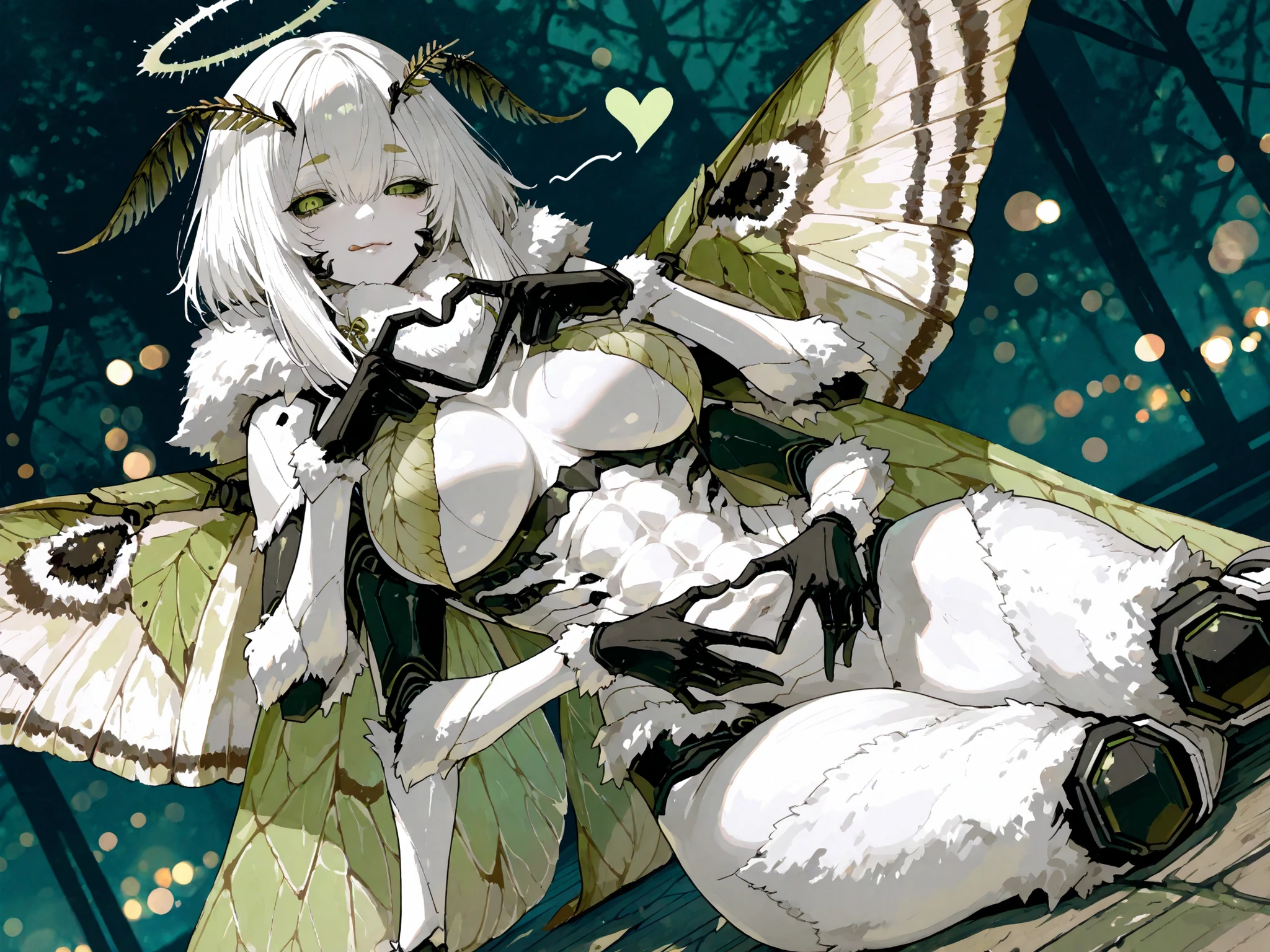 748cmstyle,(masterpiece, best quality, high quality, highres, ultra-detailed), anime source, black sclera, green eyes, moth girl, monster girl, antennae, moth wings, white skin, mandibles, 1girl, solo, juniperactias, halo, monster, white hair, white skin, green eyes, black sclera, antennae, insect girl, moth wings, carapace, large breasts, multi limb, multi arm, looking at viewer, bokeh background, mature female, calm and mature expression, light smile, licking lips, simple background, dutch angle, exoskeleton, thighs, bangs cover one eye, abs, thick, thick thighs, heart hand gesture, on floor