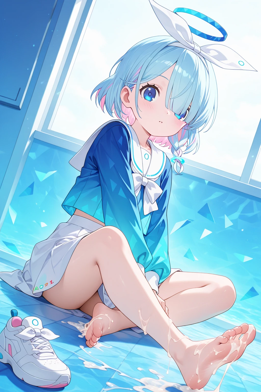 masterpiece,Highest quality,indoor,Ruined classroom,sitting at a desk looking at the viewer,Water is filling up,White tile,Ocean View,noon,blue sky,1 Girl,Halo,Braid,Close ~ eyes,Open your mouth,smile,Blue school shirt,Long sleeves,White Skirt, with white and light blue stripes,Focus on face,upper body, shot, line,