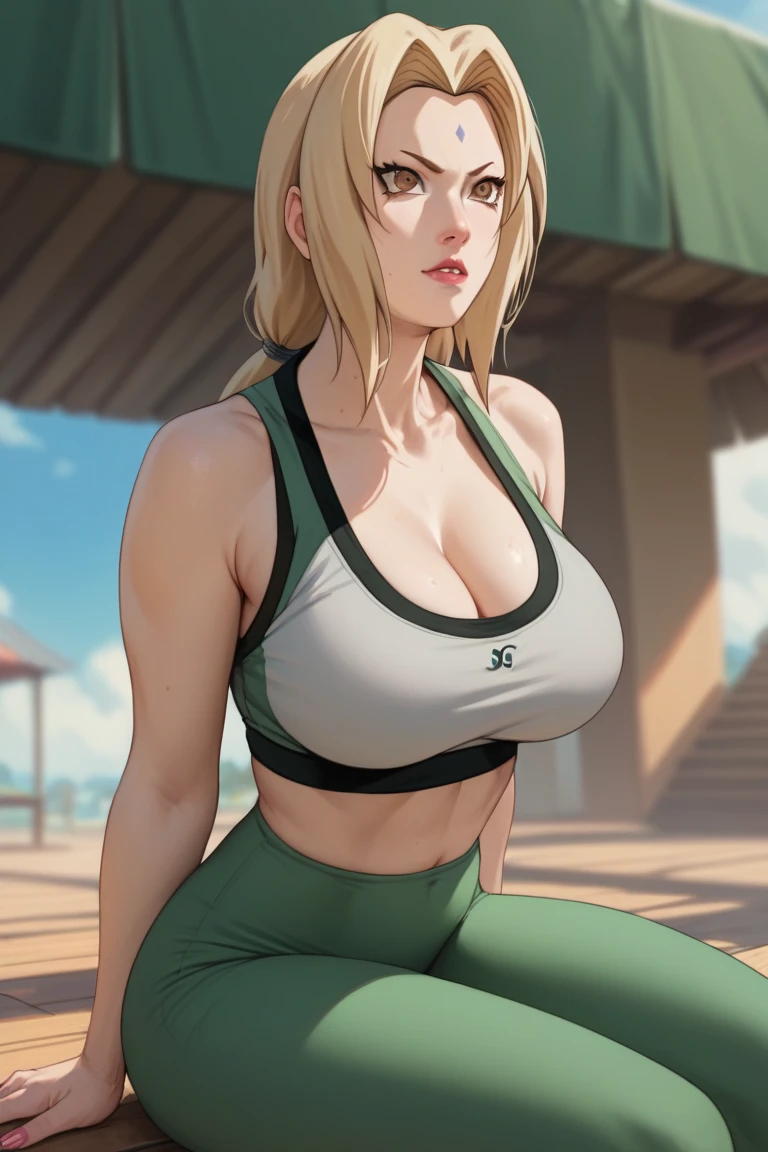 (masterpiece,best quality,absurdres,beautiful,aesthetic,detailed),cinematic angle, 1female, alone, blonde hair, blonde beautiful middle-aged woman, 36 years old, mid size breast, sport attire, in gym, with green eyes, Best quality, natural makeup, realistic skin, tan olive skin, ,sexy pose, sporty style
