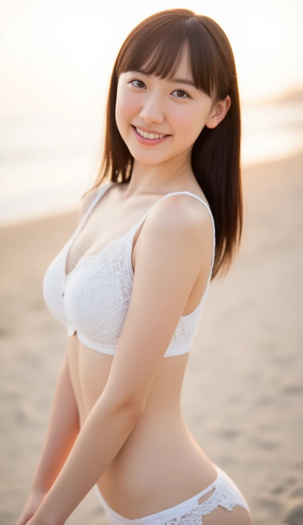 The face of the hostess、White 、White 、beauty legs、hiquality、A hyper-realistic、healthy、Smiling expression、Slender perfect figure、Japan Beauty、 perfect  eyes、Beautiful skin、enticing、White sandy beach