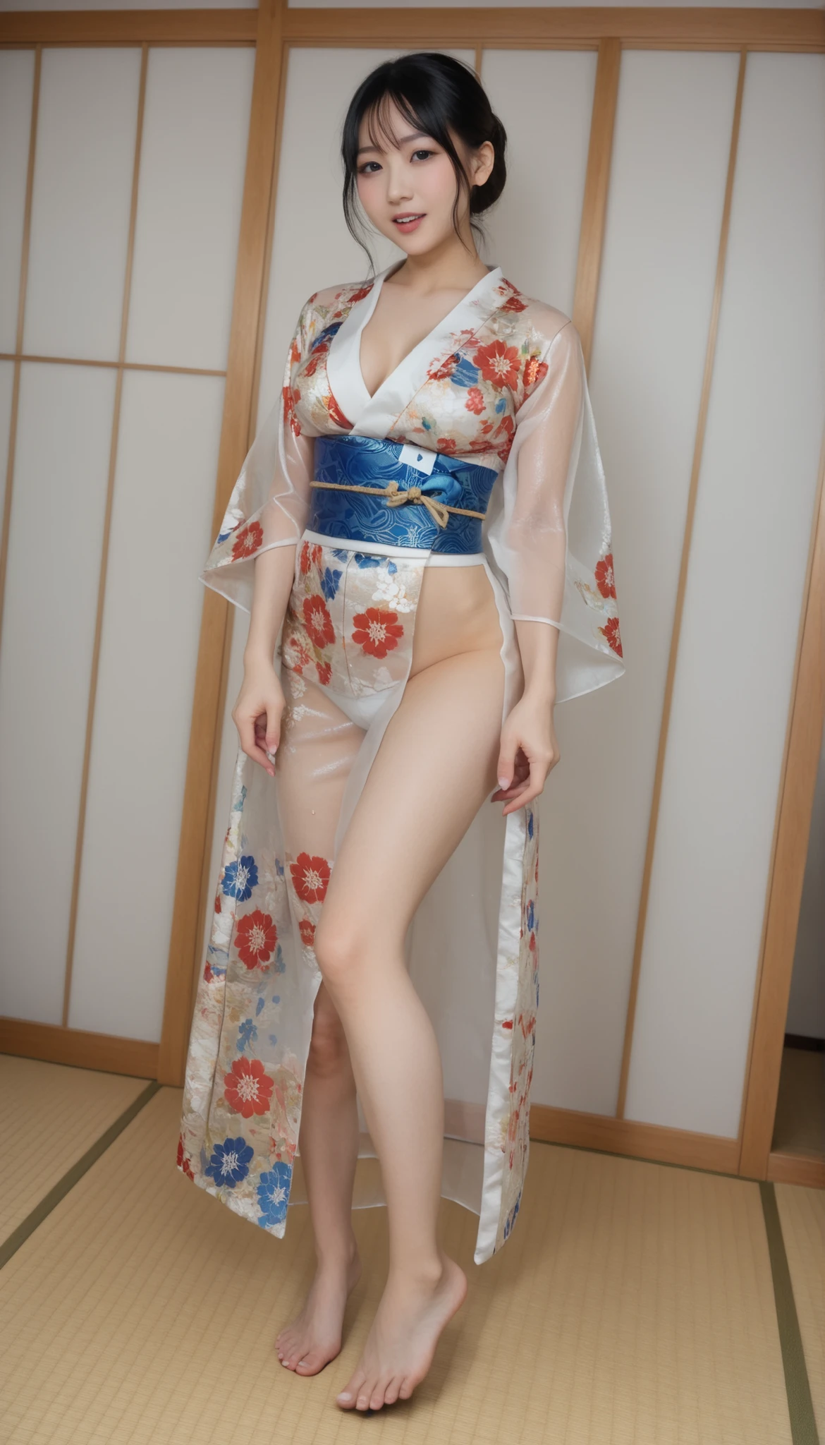 最High Quality 、High Quality 、 最high definition、high definition、8K quality、high image quality 、最High Quality、 masterpiece 、immersive video、 very realistic images of the floor at night 、Realistic Paintings、 perfect details 、 from out of view High contrast 、High Fidelity、 perfect pictures without blur、close to reality、 image faithfully reproduced down to the smallest detail、 EXQUISITE AND REALISTIC WEAPONS 、 Exquisite and realistic human skin 、 Realistic face in every detail、 realistic eyes with attention to detail 、 Realistic lips drawn with minimal detail 、 detailed and real teeth、Real Ears、 Realistic Hair 、Mansuji、((Japanese Model))、((gravure idol))、((Young face))、((black hair))、((medium rounded breasts))、((stylish body ))、(((Sweaty skin all over )))、((Wear a floral kimono made of transparent vinyl,Clear vinyl fits your skin perfectly))、((Wear a floral kimono made of transparent nylon,Clear nylon adheres perfectly to the skin))、((See your skin through a clear vinyl kimono))、((See your skin through a clear nylon kimono))、((Traditional Japanese room))、(((Sexy pose with tatami mat in a Japanese-style room )))、(((Full Body Footage from Head to Toe,)))、(((look at her from a random angle)))
