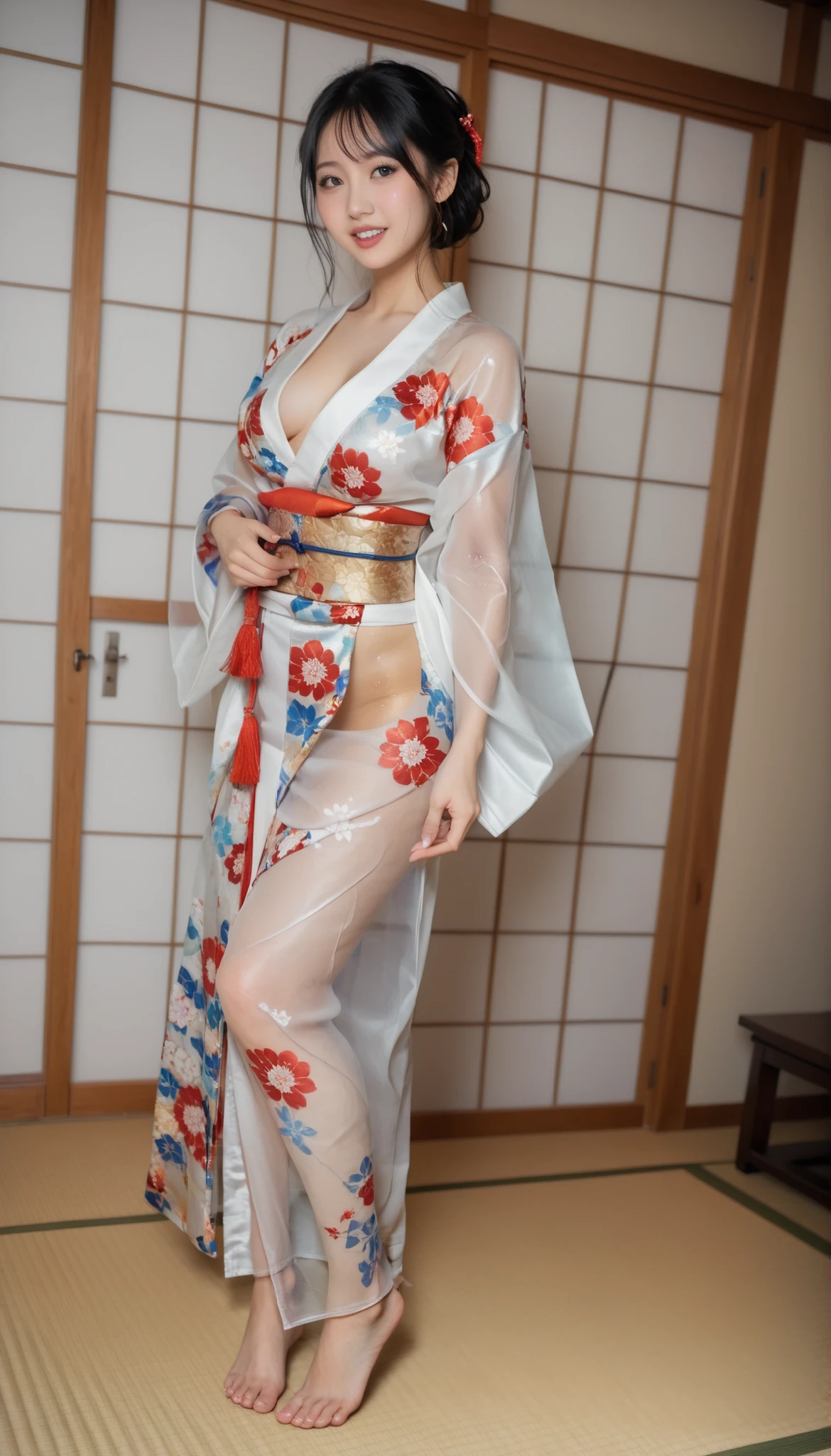 最High Quality 、High Quality 、 最high definition、high definition、8K quality、high image quality 、最High Quality、 masterpiece 、immersive video、 very realistic images of the floor at night 、Realistic Paintings、 perfect details 、 from out of view High contrast 、High Fidelity、 perfect pictures without blur、close to reality、 image faithfully reproduced down to the smallest detail、 EXQUISITE AND REALISTIC WEAPONS 、 Exquisite and realistic human skin 、 Realistic face in every detail、 realistic eyes with attention to detail 、 Realistic lips drawn with minimal detail 、 detailed and real teeth、Real Ears、 Realistic Hair 、Mansuji、((Japanese Model))、((gravure idol))、((Young face))、((black hair))、((medium rounded breasts))、((stylish body ))、(((Sweaty skin all over )))、((Wear a floral kimono made of transparent vinyl,Clear vinyl fits your skin perfectly))、((Wear a floral kimono made of transparent nylon,Clear nylon adheres perfectly to the skin))、((See your skin through a clear vinyl kimono))、((See your skin through a clear nylon kimono))、((Traditional Japanese room))、(((Sexy pose with tatami mat in a Japanese-style room )))、(((Full Body Footage from Head to Toe,)))、(((look at her from a random angle)))
