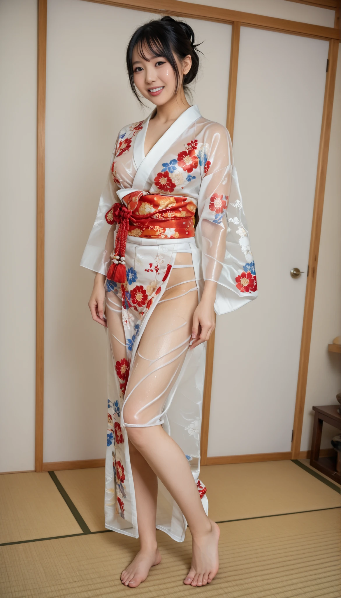最High Quality 、High Quality 、 最high definition、high definition、8K quality、high image quality 、最High Quality、 masterpiece 、immersive video、 very realistic images of the floor at night 、Realistic Paintings、 perfect details 、 from out of view High contrast 、High Fidelity、 perfect pictures without blur、close to reality、 image faithfully reproduced down to the smallest detail、 EXQUISITE AND REALISTIC WEAPONS 、 Exquisite and realistic human skin 、 Realistic face in every detail、 realistic eyes with attention to detail 、 Realistic lips drawn with minimal detail 、 detailed and real teeth、Real Ears、 Realistic Hair 、Mansuji、((Japanese Model))、((gravure idol))、((Young face))、((black hair))、((medium rounded breasts))、((stylish body ))、(((Sweaty skin all over )))、((Wear a floral kimono made of transparent vinyl,Clear vinyl fits your skin perfectly))、((Wear a floral kimono made of transparent nylon,Clear nylon adheres perfectly to the skin))、((See your skin through a clear vinyl kimono))、((See your skin through a clear nylon kimono))、((Traditional Japanese room))、(((Sexy pose with tatami mat in a Japanese-style room )))、(((Full Body Footage from Head to Toe,)))、(((look at her from a random angle)))