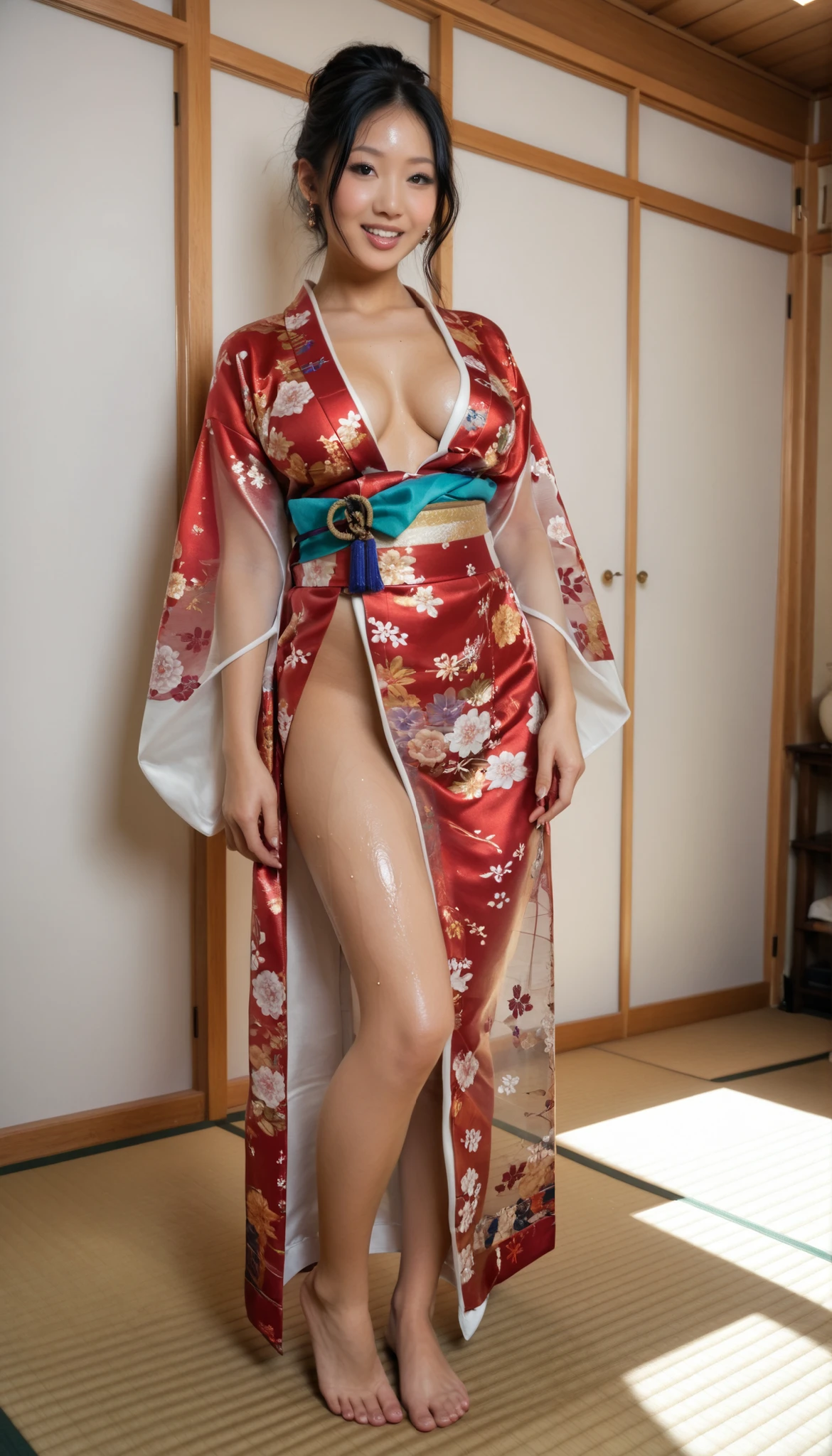 最High Quality 、High Quality 、 最high definition、high definition、8K quality、high image quality 、最High Quality、 masterpiece 、immersive video、 very realistic images of the floor at night 、Realistic Paintings、 perfect details 、 from out of view High contrast 、High Fidelity、 perfect pictures without blur、close to reality、 image faithfully reproduced down to the smallest detail、 EXQUISITE AND REALISTIC WEAPONS 、 Exquisite and realistic human skin 、 Realistic face in every detail、 realistic eyes with attention to detail 、 Realistic lips drawn with minimal detail 、 detailed and real teeth、Real Ears、 Realistic Hair 、Mansuji、((Japanese Model))、((gravure idol))、((Young face))、((black hair))、((medium rounded breasts))、((stylish body ))、(((Sweaty skin all over )))、((Wear a floral kimono made of transparent vinyl,Clear vinyl fits your skin perfectly))、((Wear a floral kimono made of transparent nylon,Clear nylon adheres perfectly to the skin))、((See your skin through a clear vinyl kimono))、((See your skin through a clear nylon kimono))、((Traditional Japanese room))、(((Sexy pose with tatami mat in a Japanese-style room )))、(((Full Body Footage from Head to Toe,)))、(((look at her from a random angle)))