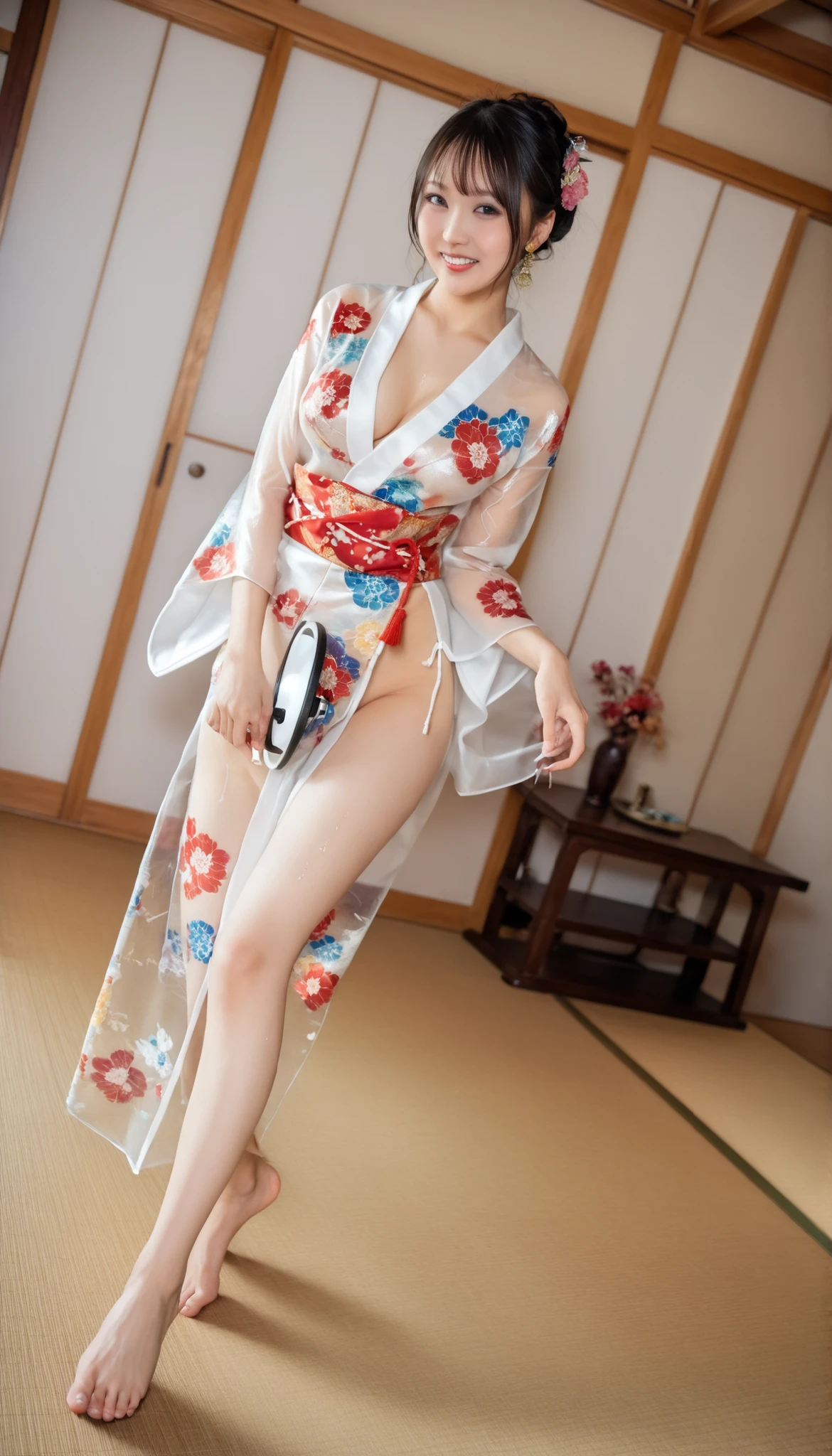 最High Quality 、High Quality 、 最high definition、high definition、8K quality、high image quality 、最High Quality、 masterpiece 、immersive video、 very realistic images of the floor at night 、Realistic Paintings、 perfect details 、 from out of view High contrast 、High Fidelity、 perfect pictures without blur、close to reality、 image faithfully reproduced down to the smallest detail、 EXQUISITE AND REALISTIC WEAPONS 、 Exquisite and realistic human skin 、 Realistic face in every detail、 realistic eyes with attention to detail 、 Realistic lips drawn with minimal detail 、 detailed and real teeth、Real Ears、 Realistic Hair 、Mansuji、((Japanese Model))、((gravure idol))、((Young face))、((black hair))、((medium rounded breasts))、((stylish body ))、(((Sweaty skin all over )))、((Wear a floral kimono made of transparent vinyl,Clear vinyl fits your skin perfectly))、((Wear a floral kimono made of transparent nylon,Clear nylon adheres perfectly to the skin))、((See your skin through a clear vinyl kimono))、((See your skin through a clear nylon kimono))、((Traditional Japanese room))、(((Sexy pose with tatami mat in a Japanese-style room )))、(((Full Body Footage from Head to Toe,)))、(((look at her from a random angle)))