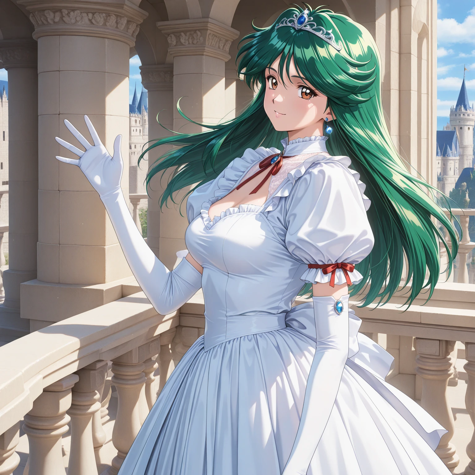 emerald tiara, Green Pearl Necklace, Boyish very short green hair, lipsticks, Japan woman smiling, very short short hair,  big breasts beautiful, Green eyes, Long green gloves made of satin material, Green eyes, Emerald Earrings, green vale, Heart with both hands,Green hair