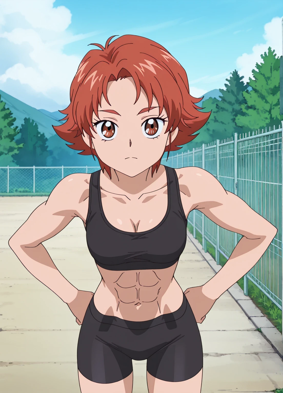 傑作, Best quality,.Best resolution,.Best image quality, amazing quality, very aesthetic,.absurdres, anime coloring, anime screencap, anime screenshot, official style, official art, 1girl, Anime girl in black , short red haired girl, brown eyed girl, spiked hair, flipped hair, anime moe art style, official anime art style, natsuki rin, solo, outfit:black sports bra, Enchanting anime girl, (anime girl), Female protagonist , girl wearing a black sports bra, Wearing black bike shorts, outdoors, fence, sports ground, cowboy shot, looking at viewer, female focus, tomboy atmosphere, made by Anime Painter Studio, shoulders, arms, legs, covered , , cleavage, very , covered , large , navel, midriff, abs, stomach, collarbone, biceps, biceps short head, biceps long head, triceps, triceps medial head, triceps lateral head, triceps long head, brachioradialis, deltoids, anterior deltoids, middle deltoids, posterior deltoids, covered thigh muscles, semitendinosus muscles, hamstrings, adductor magnus muscles, cool anime girl, anime best girl, sports bra with an black, toned body girl, strong muscles, tight bike shorts, bike shorts with an black, sports bra and bike shorts only, attractive anime girl,