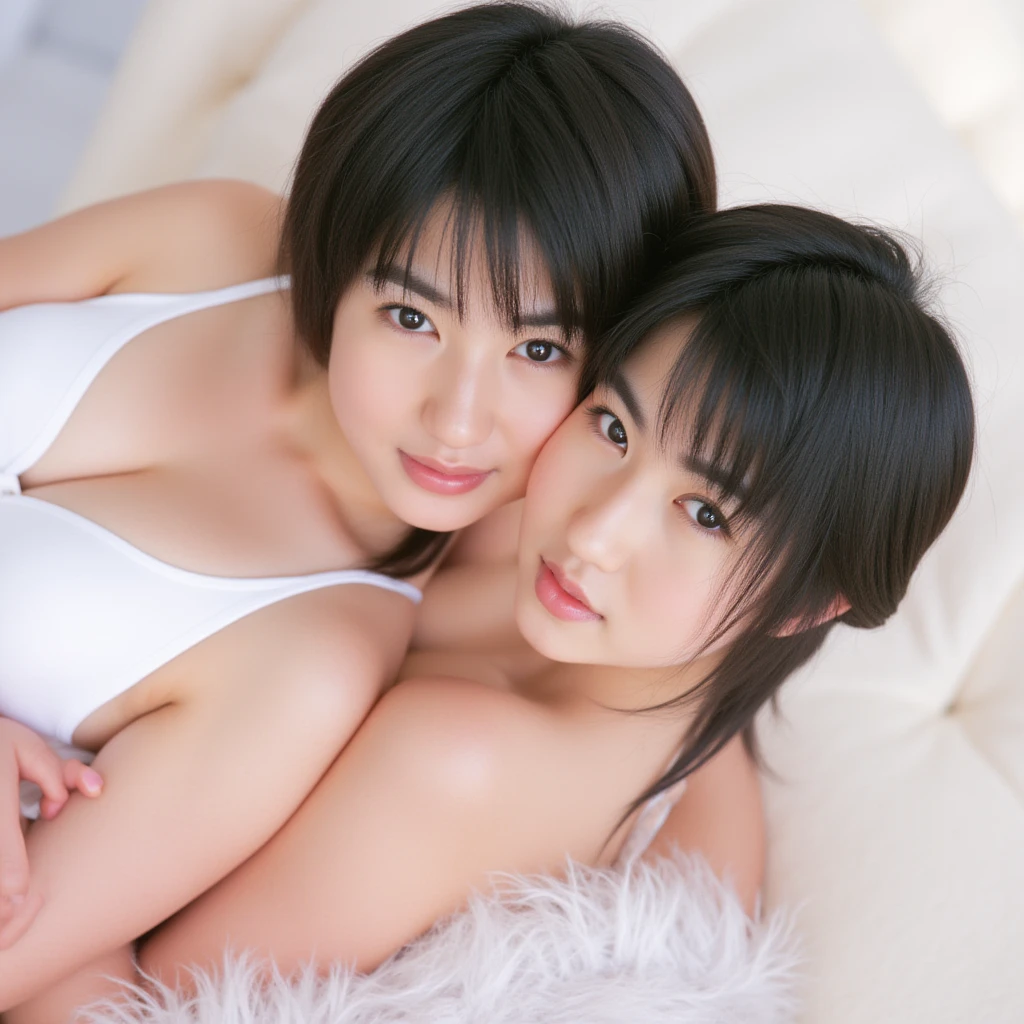   ，lesbian，，realistic nippleack composition(Make your butt look beautiful)，two people standing next to each other，(highest quality、In 8K、32K、masterpiece、nffsw、ultra high resolution、Impressionism，Photoreal:1.2), (2 girls, same height :1.2), couple focus ,，Japanese 13 year old cute girl ,  Realistic and beautiful shining eyes, double eyelid, look at the audience, smile, laughter, The most delicate and glossy black hair Very short hair ,thin legs，thin arms、thin waist，breasts are not big，  One person put his arm around my waist.、another person is touching her    (high color saturation:1.0), (highly detailed skin), (highest quality:1.0), (ultra high resolution:1.0) ,(realistic:1.0), (Super detailed:1.0), (8K, RAW photo:1.1) ,At a retro Japanese hot spring，のかわいい女の子は素敵，Digital single-lens reflex camera、soft writing、(background person blur:1.1)、Sigma 85mmF/1.4、50mm