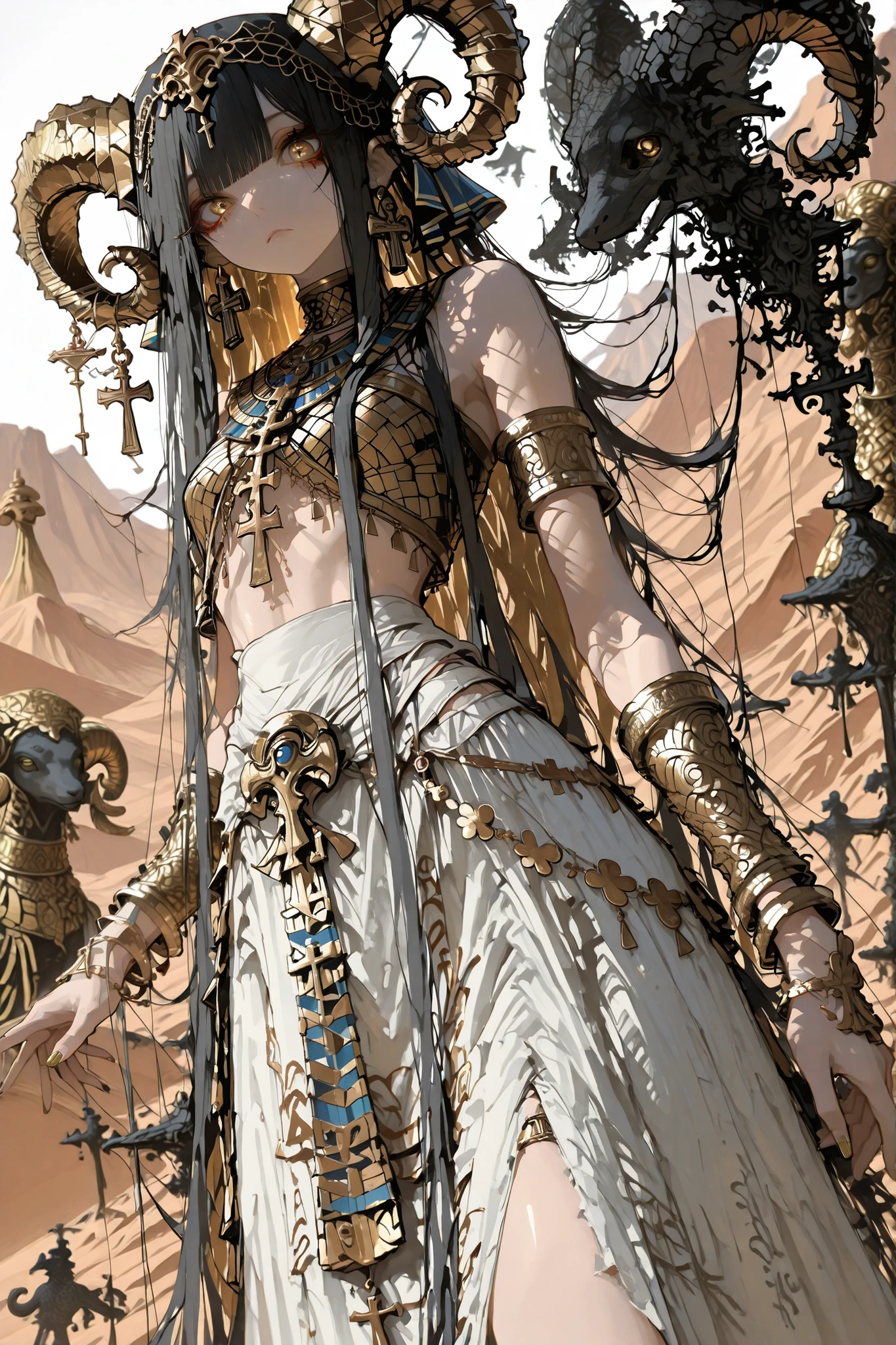 darkness falls girl, ((solo)), (masterpiece, detailed:1.2), cute,  Beautiful and delicate girl, 
absurdly long hair, (gold sheep horn), gold eyes, extreme detailed eyes, focus eyes,
Egyptian Gold Accessories, ((Mayan Clothing)), Silk long skirt,
dynamic pose, (small breasts), Desert, Aesthetics, Beautiful Image, Dutch angle, Dynamic motion, (detailed lighting), 12 noon, outdoor, sharp focus, from below, cowboy shot, looking viewer, beautiful lighting, beautiful background,