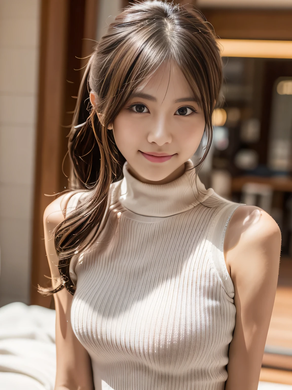 A beautiful Japanese idolwith ponytail standing in a tight-fitting red sweater, (wearing a sleeveless turtleneck sweater), model-like appearance, (cute seductive smile:1.2), Perfect face, extremely beautiful face, detailed face, highly detailed face and skin texture, fit dainty figure, youth and cute atmosphere, shallow depth of field, 8K, Masterpiece, Real, Photorealistic, Shallow depth of field, gorgeous young model, (High-definition skin), Extremely intricate face and skin texture,