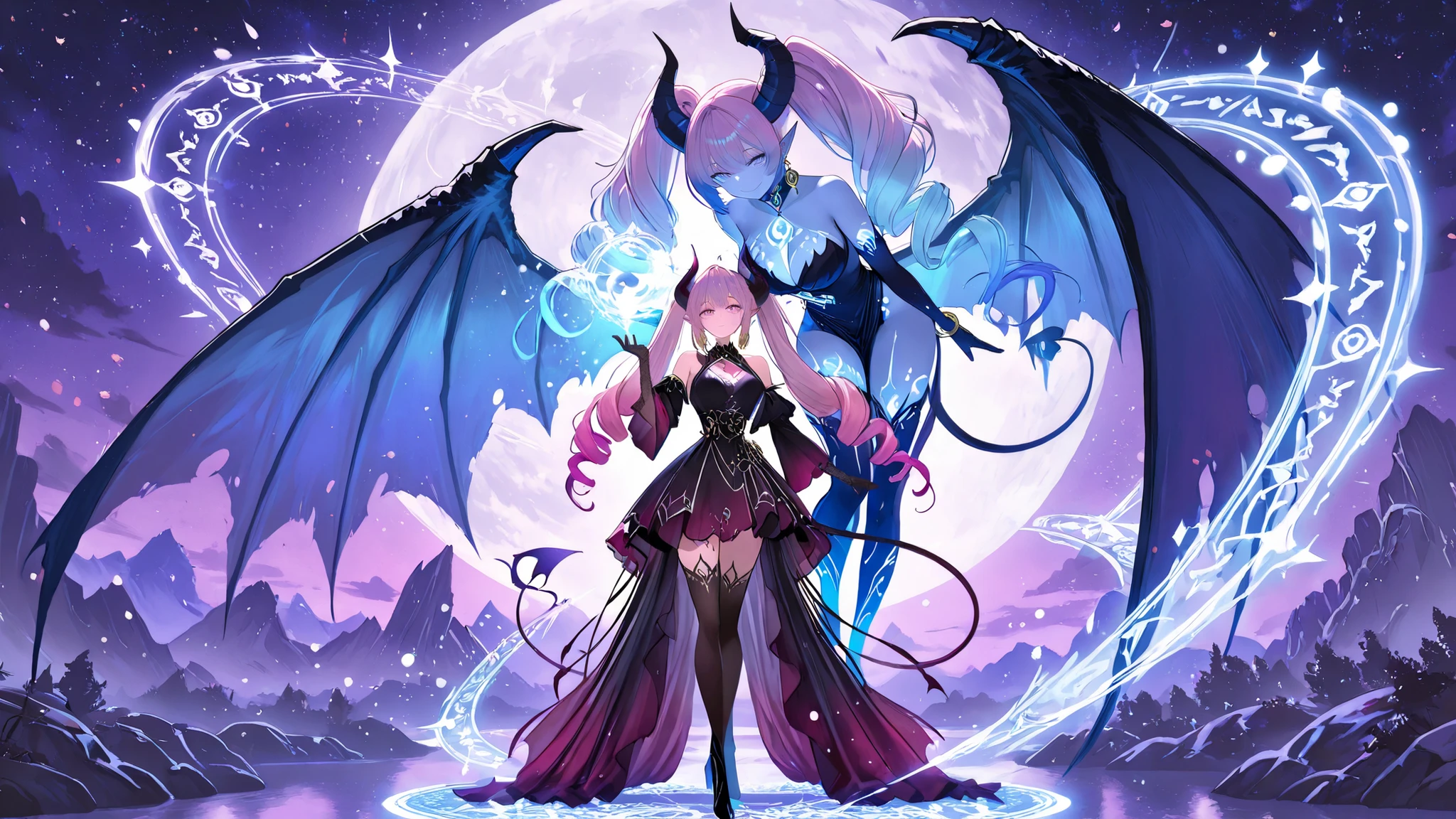 ((inspired by fantasy)),((masterpiece, best quality)),beautiful-woman, ((detailed face)),((detailed body)),(full body:1.3).


1-woman,
(((demon woman))), ((pointed ears)), (dragon’s horns attached to the head), curved horns, ((light-blue skin)), Devil’s Wings,devil tail,
girl,young woman,adolescence woman,
(claret-color eyes),large breasts,(pastel pink to ultramarine gradient hair ),
twin-tails hair with  twin drills hair ,glowing tattoo on body,
(makeup:09), {Eye-shadow with Lame},false eyelashes,(evil smile:0.8),
The woman is wearing translucent flared-sleeve dress with lace-dress and translucent-scarf,lace-gloves, lace-over-knee-highs, high-heel-boots,Earrings in the ear,bracelet,ring,

The demon girl dances a magical dance on the shore of the lake of the moon. From both hands, magic particles fall out every time he descends his arms. Magic particles draw a lonely particle around her.magic circle on the ground　with complex arcane formation,background is moon,