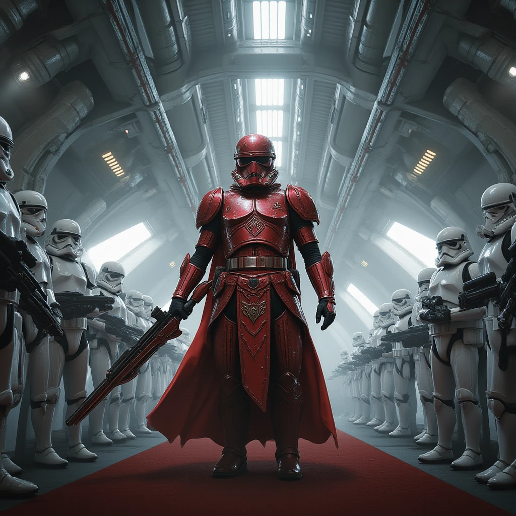 (top-quality, 8K, ?masterpiece:1.3) Stormtrooper, facing camera, holding blaster, golden armor, reflective, red cape covering his shoulders and back, in a ship hangar, clean and bright, black piano floor, random stormtroopers behind, tie fighters landed.