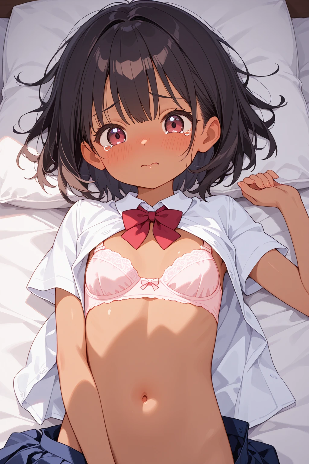 One girl,((Nozomi)),blush,Embarrassed、orgasm face,,slender body,ideal ratio body proportions,Lying down、Leg spread、bed,Pink lace string bra,bottomless,((vaginale,pink dildo)),A complete depiction of the human body,masterpiece, Highest quality, Game CG, ultra detailed、highres、extremely detailed CG 