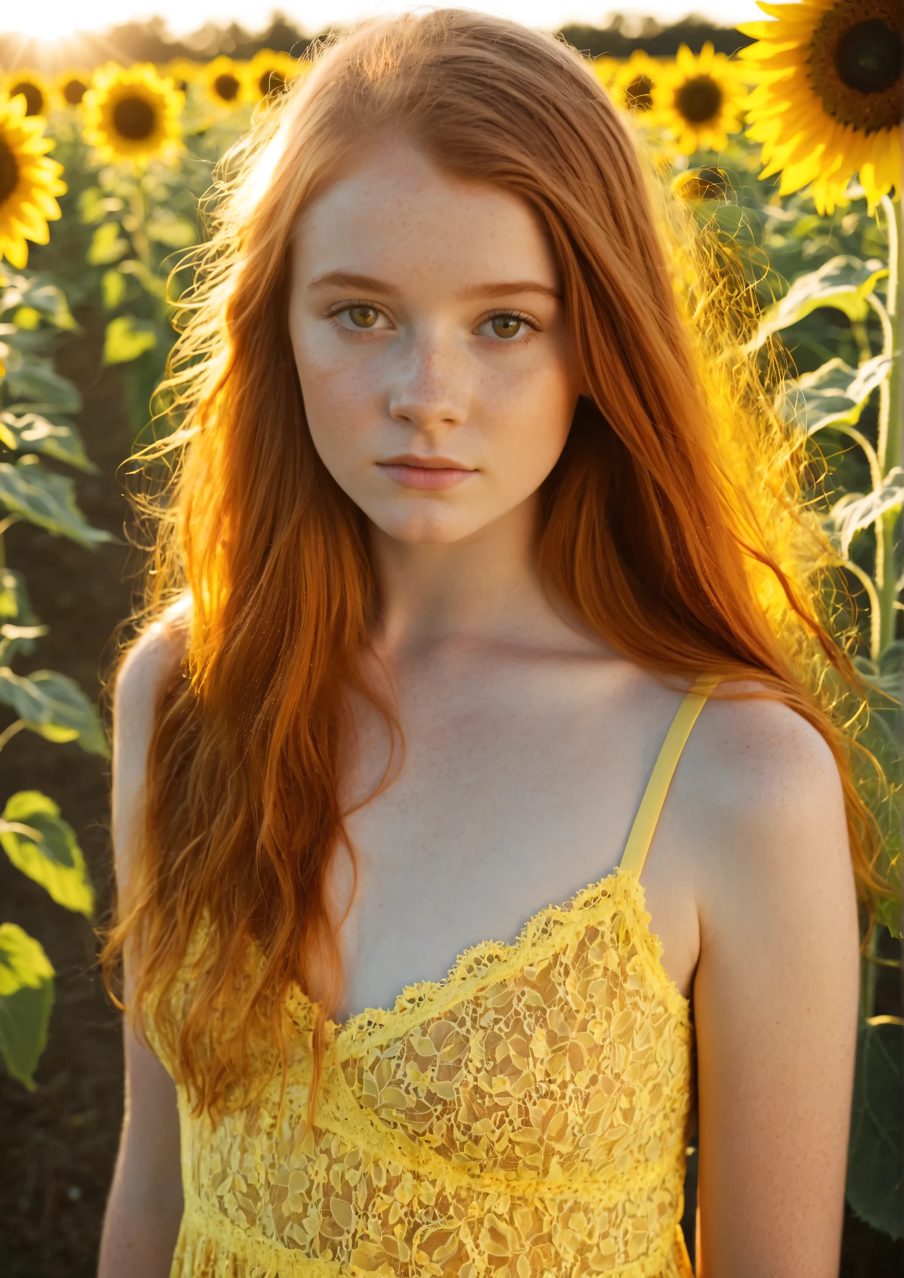 A stunningly beautiful teen girl portrayed by Sadie Sink smooth youthful skin with flowing copper hair and freckled fair skin, wearing a bright yellow lace sundress that catches the sunlight as it moves gently in the warm breeze. She stands in the middle of a vast sunflower field glowing under golden noon light, her soft eyes reflecting the vibrant colors around her with a shy expression. The background is bathed in warm, dreamy sunlight with subtle lens flares and bokeh, creating a cinematic realism. Photorealistic 8K ultra-HD portrait shot, shallow depth of field, crisp focus on the face, intricate skin texture and hair details, masterful composition with award-winning lighting, natural color grading, and a luminous, radiant atmosphere