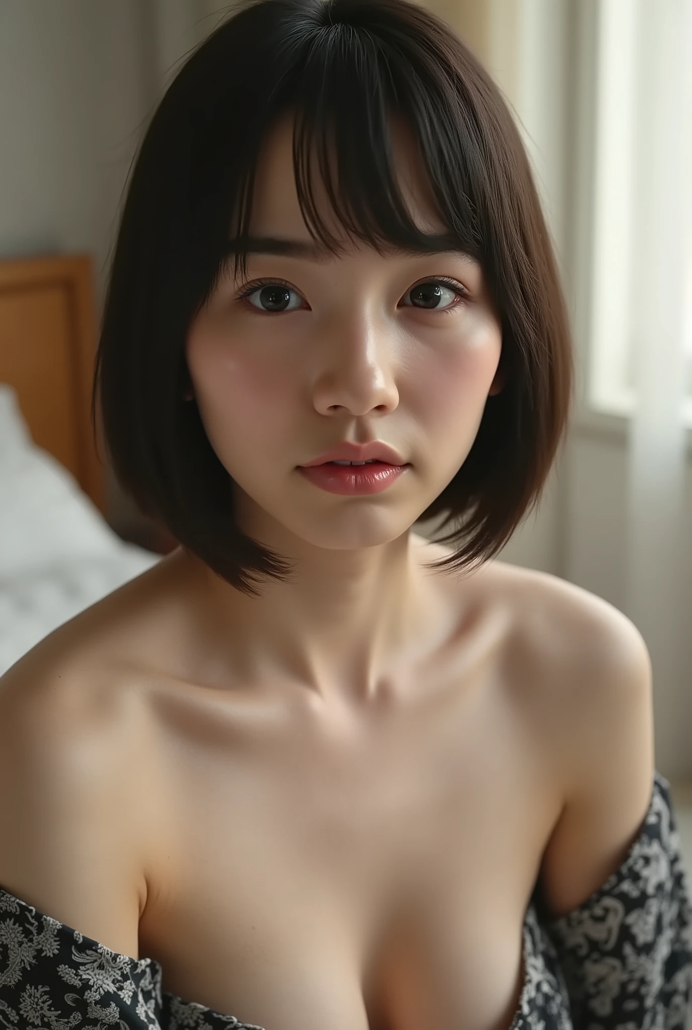 (( Premium Quality, 8k )), ((masterpiece , NSFW)), ( details), 、Dark Haired, Japanese girls, first-person view ,ONE WOMAN, Slender girl, petite girl , sexy,( Fill Nude, in the bedroom),((( very large breasts, full nude, Beautiful Breasts, short bob hair , Dark Haired))), ((Dark Haired )) , (( No decorations, Without any accessories, full nude, without makeup))
