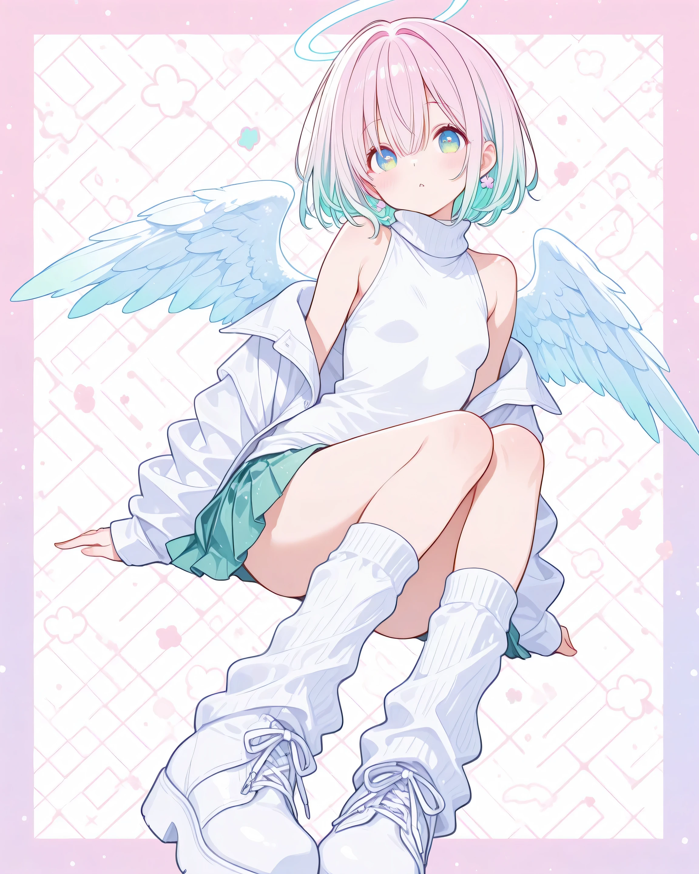 face to the front、(Finest Detailed Eyes、super detailed eyes)、(best detail)、1girl,(pretty face、Babyface)、(short hair)、(Blue green and white gradation hair)pop background、(The eye area shines with a gradation of light pink and light blue)、(BEST DETAILS、top quality、Greatest Masterpieces)、fluffy long boots、loose socks、Fluffy Angel Wings、box pleated skirt、baggy turtleneck、