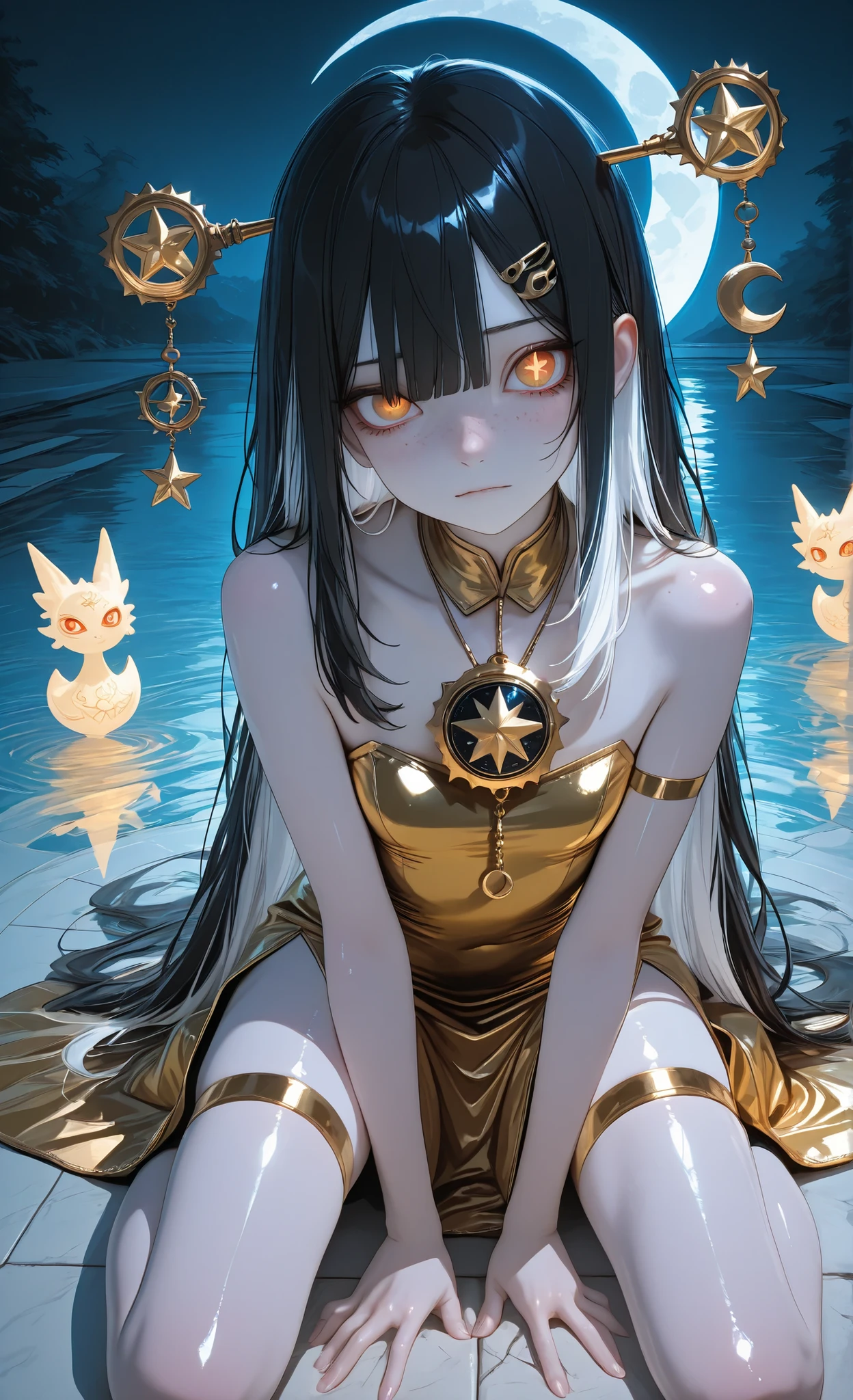 best quality, ultra highres, RAW photo, Female Moonlight Catcher harvesting dream-touched moonbeams, (detailed eyes:1.2), (sharp eyes:1.1), amber eyes with star-shaped pupils perceiving multiple reality layers, (smooth skin:1.1), (shiny skin:1.2), dewy skin with subtle luminescent freckles, shoulder-length black hair with white streaks and crescent moon hairpin as dream anchor, wearing flowing white and gold dress with protective moonsilk layers that ripple between states of matter, boundary walker medallion, crystalline moonlight containers, kneeling at sacred pool reflecting impossible constellations, lunar calibrator measuring dream potency, moonlight compass, dream sprite familiar, collector of the boundary between real and dreamed