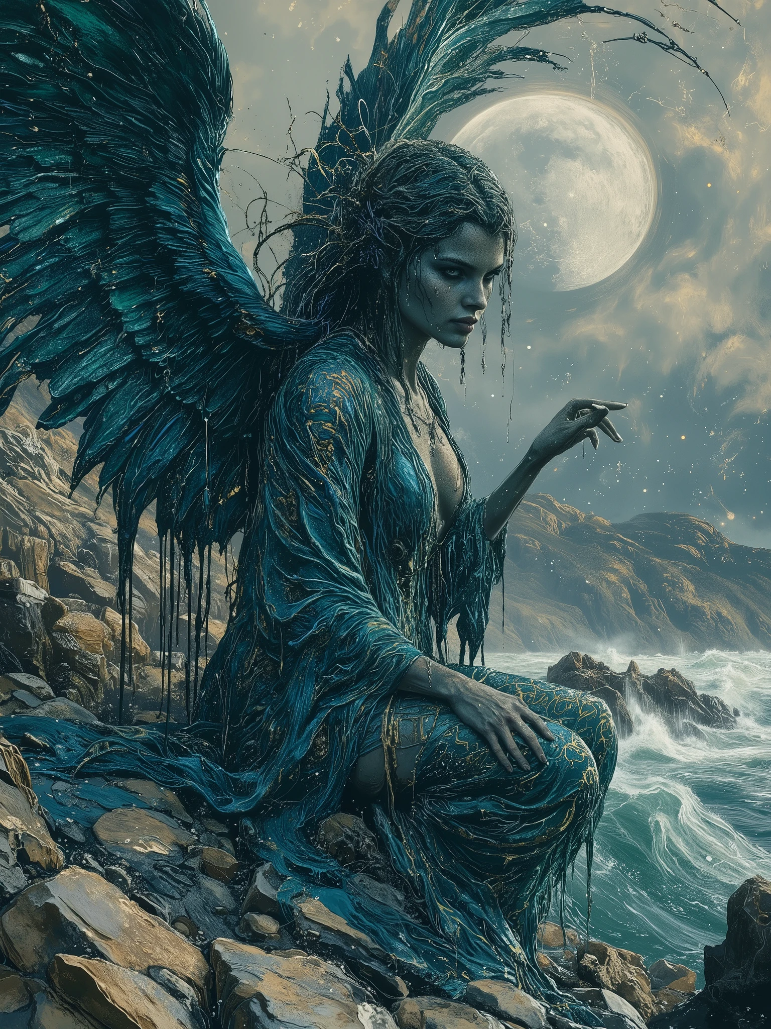 ildly around her semi-nude, voluptuous body, slick and dripping as she arches provocatively, robe fallen open to expose luscious 34DD teardrop breasts pressed wantonly against sheer, clinging dark blue iridescent fabric. Her mesmerizing bedroom eyes—heavy-lidded, hypnotically intent—hold the viewer captive in a spell of yearning. Wild blue-green hair streams damp from sea spray, framing her delicately European features and lips parted in a wicked, knowing smile, thick with pure desire. One hand glides seductively up her trembling thigh, the other beckoning insatiably, fingers curled in a come-hither command. She perches with legs parted, drenched robe etched to every curve, shimmering under the massive full moon that spills molten silver light over her glistening skin. Jagged waves roar below, echoing her raw sexual energy; every droplet tracing the hollow of her throat, the curve of her breasts, masterfully accentuated by painterly shadows. The scene blazes with moody, surreal atmosphere—expressive oil-brush strokes in bold black and white, haunted by blue-green tints and inspired by Bill Sienkiewicz and Dave McKean’s passionate art. Contrast slices intimately, capturing every contour, every molten detail—an angel born of seawater, insatiable and slick, radiating magical erotic tension with every sinuous line.