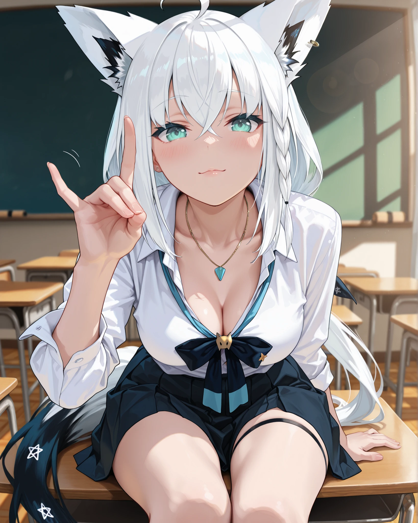 1 sexy gal ,Shirakami Fubuki_(ホロライブ), solo, (masterpiece, top quality, highly detailed depiction, incredibly high resolution, high quality anime picture), (voluminous A-line silhouette), (seductive gestures),
masterpiece, best quality, ultra-detailed, very aesthetic, highres, 8K, 1girl, gal style, disciplinary committee girl,short stylish school uniform, short skirt, shirt slightly untucked, bold accessories, necklace, earrings,dynamic pose, sitting assertively on classroom desk, leaning forward to intimidate viewer, intense fanatic gaze, overwhelming devotion to order, hair and skirt fluttering, cinematic composition, low angle view, slight upward perspective, dynamic lighting, intricate textures, dramatic atmosphere, tension, depth of field, emotional realism, fine shading, subtle facial expression,Chest, cleavage, Beautiful and delicate skin, Light-reflecting skin