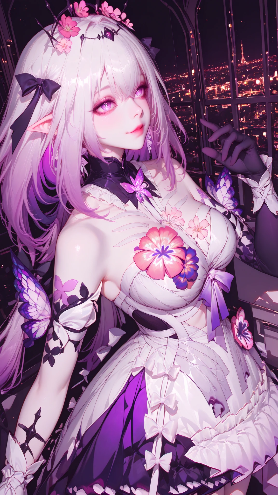 Castorice, honkai star rail, smile, one hand up, vivid color, High detail, Cinematic lighting, Ray tracing, angle of view, hyper HD, Masterpiece, 4K, Best quality