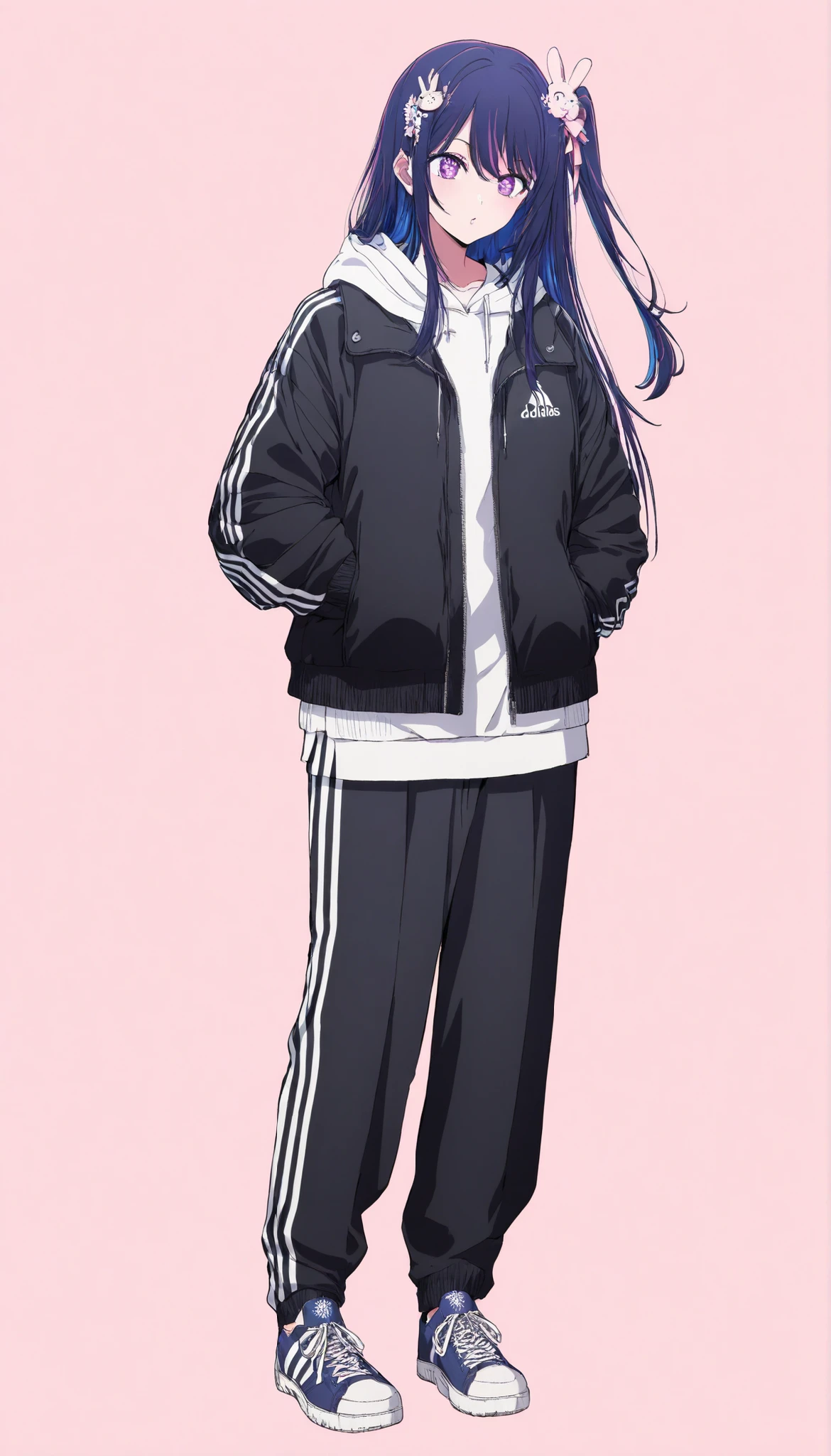 full body 1girl,symbol-shaped pupils,purple eyes,pink eyes,purple hair,streaked hair,blue hair,multicolored hair,bangs,long hair hair ornament,one side up,hair flower,rabbit hair ornament dark colour ,black , adidas_puffer jacket,hooded adidas_puffer jacket,zipped up adidas_puffer jacket,black adidas_puffer with jacket dark black adidas trackpants with 3 lines, heavy sneakers double middle finger