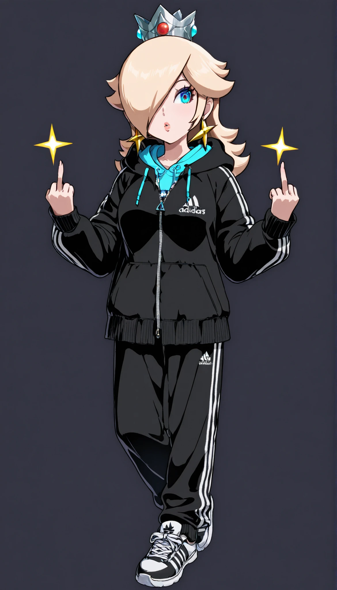 rosalina, 1girl, solo, crown, blue eyes, star earrings dark colour ,black , adidas_puffer jacket,hooded adidas_puffer jacket,zipped up adidas_puffer jacket,black adidas_puffer with jacket dark black adidas trackpants with 3 lines, heavy sneakers double middle finger