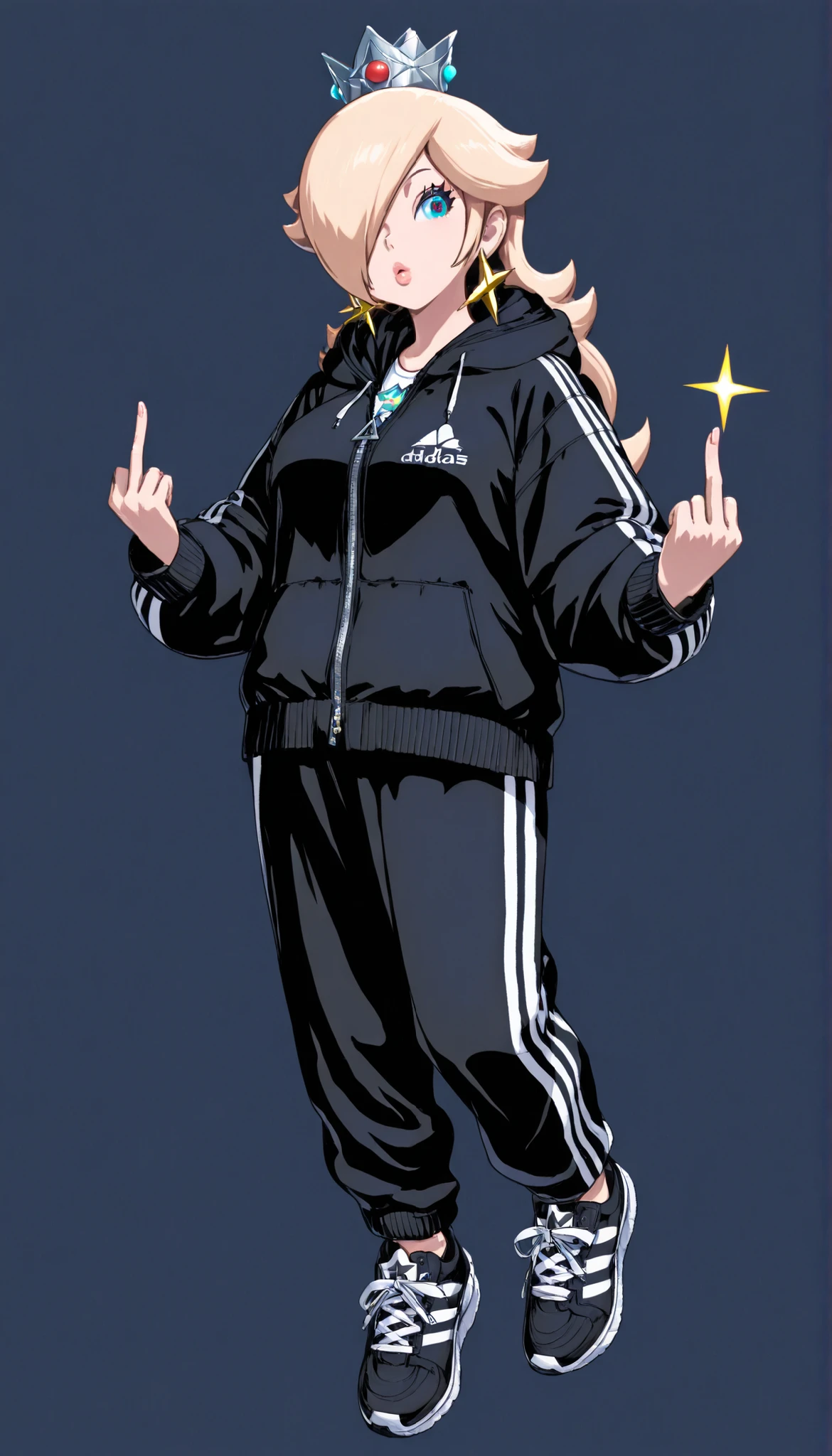 rosalina, 1girl, solo, crown, blue eyes, star earrings dark colour ,black , adidas_puffer jacket,hooded adidas_puffer jacket,zipped up adidas_puffer jacket,black adidas_puffer with jacket dark black adidas trackpants with 3 lines, heavy sneakers double middle finger
