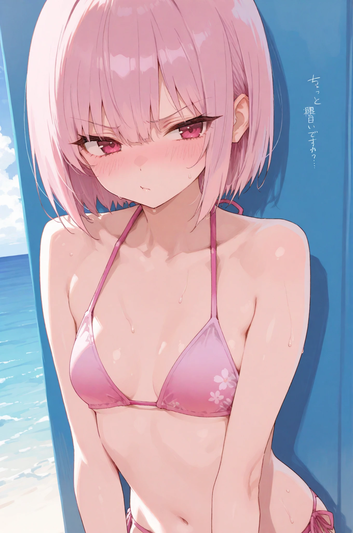 Pink Hair, Pink Eyes、girl、Small breasts、Hair Bun、girl、Small breasts、Lolita、Bright smile、Looks about 15 years old、Petan Musume、He is short、Eye highlights、Sexy thighs、Wearing a bikini、Ocean
