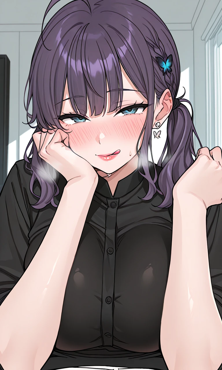 Short girl and black guy, A girl wearing a large plain pink T-shirt、slender、Slender、Thin limbs、Small face, 
, , (Wicked Smile:1.2), Off the shoulder, Long sleeve, Sunburn, Saucy, blush,steam,sweat,Vulgarity、
A man puts his hand on a girl's shoulder,
An absurd solution, Very detailed, Highest quality, Cute illustrations,、masterpiece、