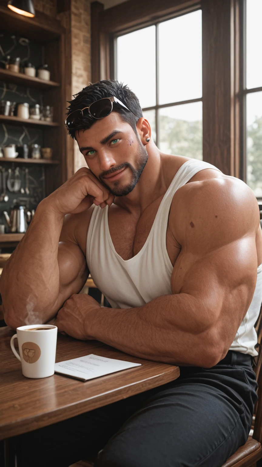 The body of a 50-year-old Spanish bodybuilder with a square face, large chin, massive jaws, raven hair, black eyes, olive skin and sculpted muscles, DRINKS A COFFEE , HD, 8K, ULTRA DETAILED, EPIC REALISM, PHOTOREALISTIC