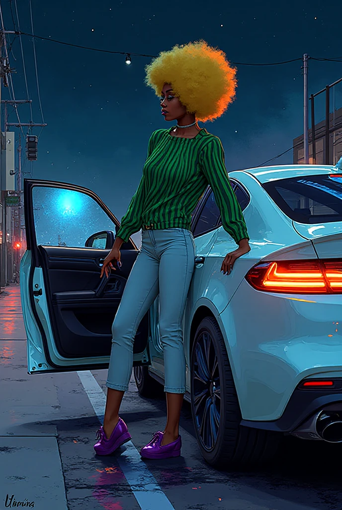 low angle shot through a fish eye lens of a black woman dressed in hiphop inspired clothes and sneakers, gold necklace and earrings, beautiful make up, standing in the middle of the street with a bugatti in the background drifting and creating smoke, beautiful and vibrant colours shining with iridescent light, music video inspired visuals.