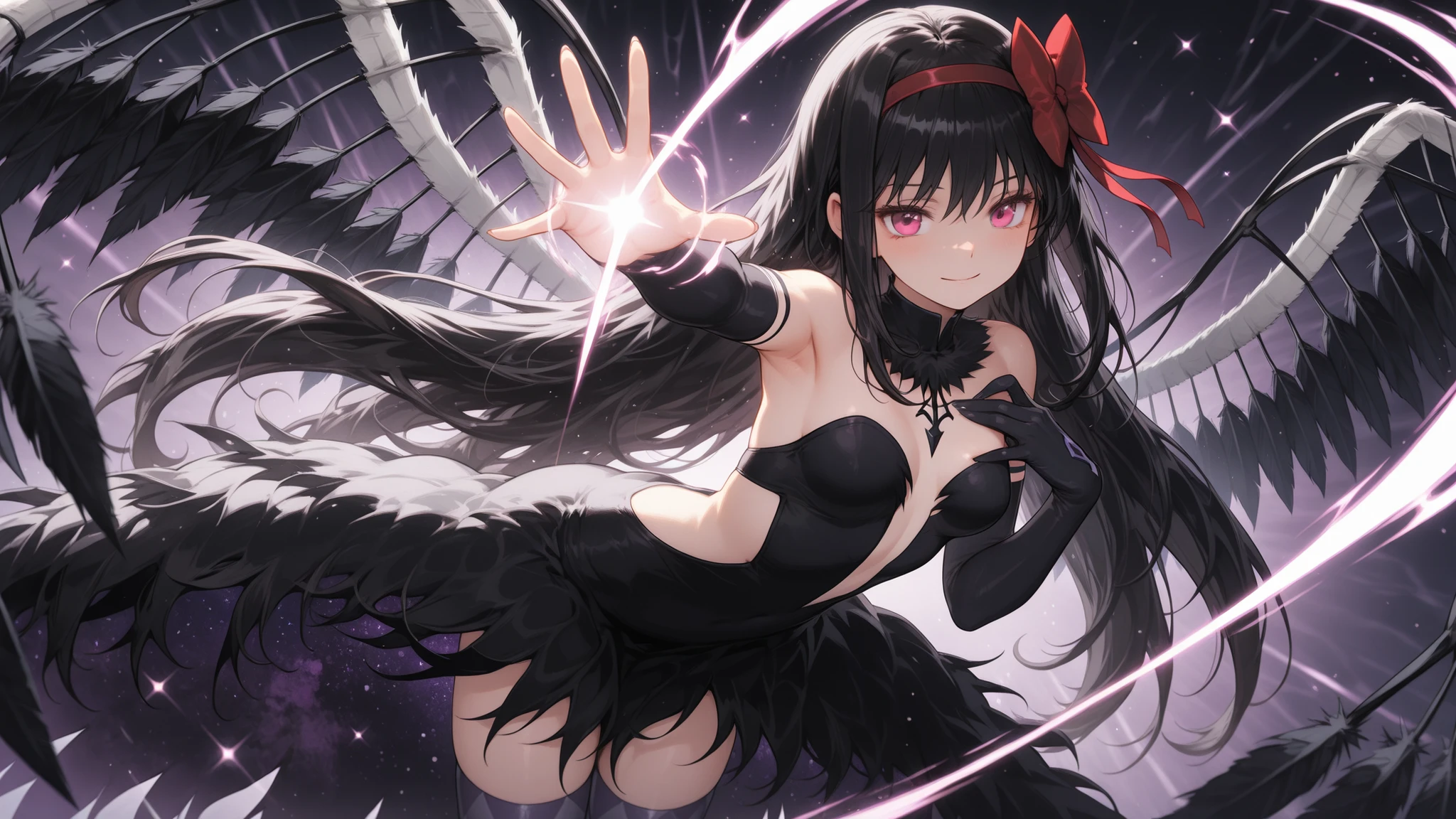 masterpeace,source anime,akuma akemi homura,kawaii,Flying skirt,dynamic pose,energy effect,armpit,(Place hand on chest),imaginary space